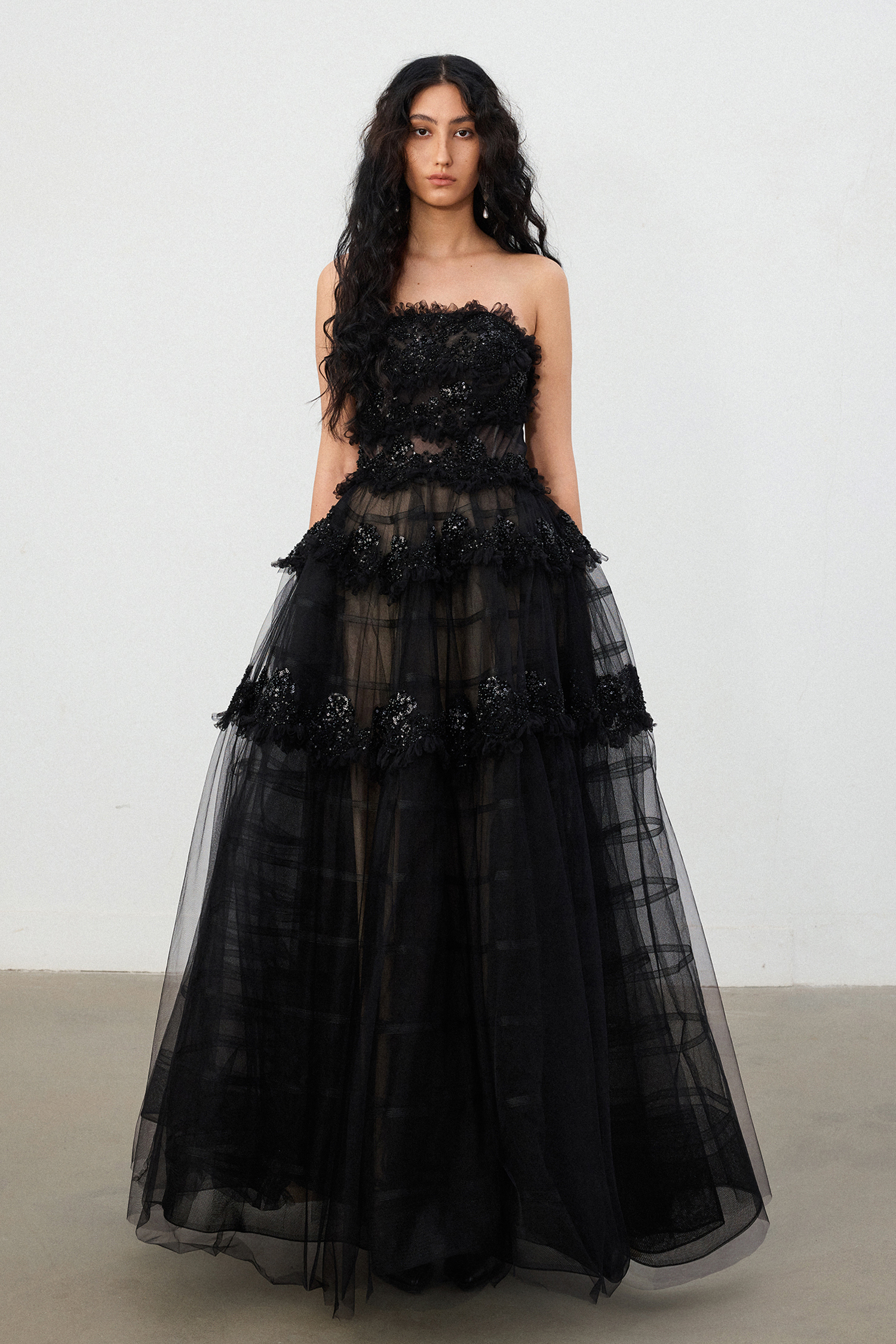 Black 3D Floral Lace & Tulle Tiered Ball Gown