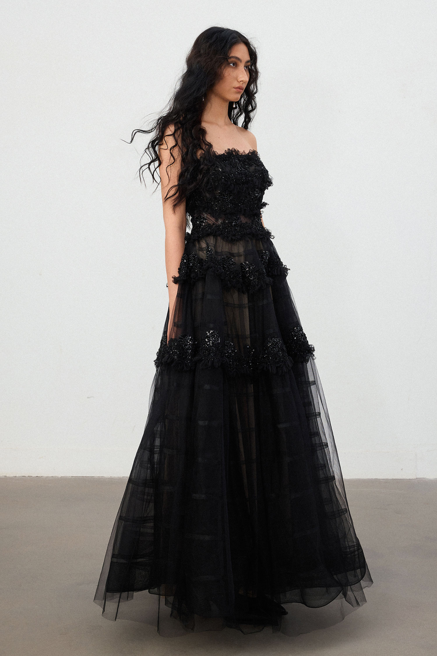 Black 3D Floral Lace & Tulle Tiered Ball Gown