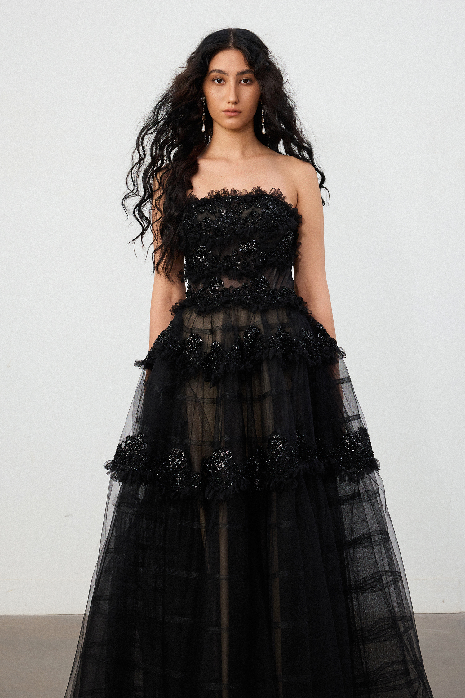 Black 3D Floral Lace & Tulle Tiered Ball Gown