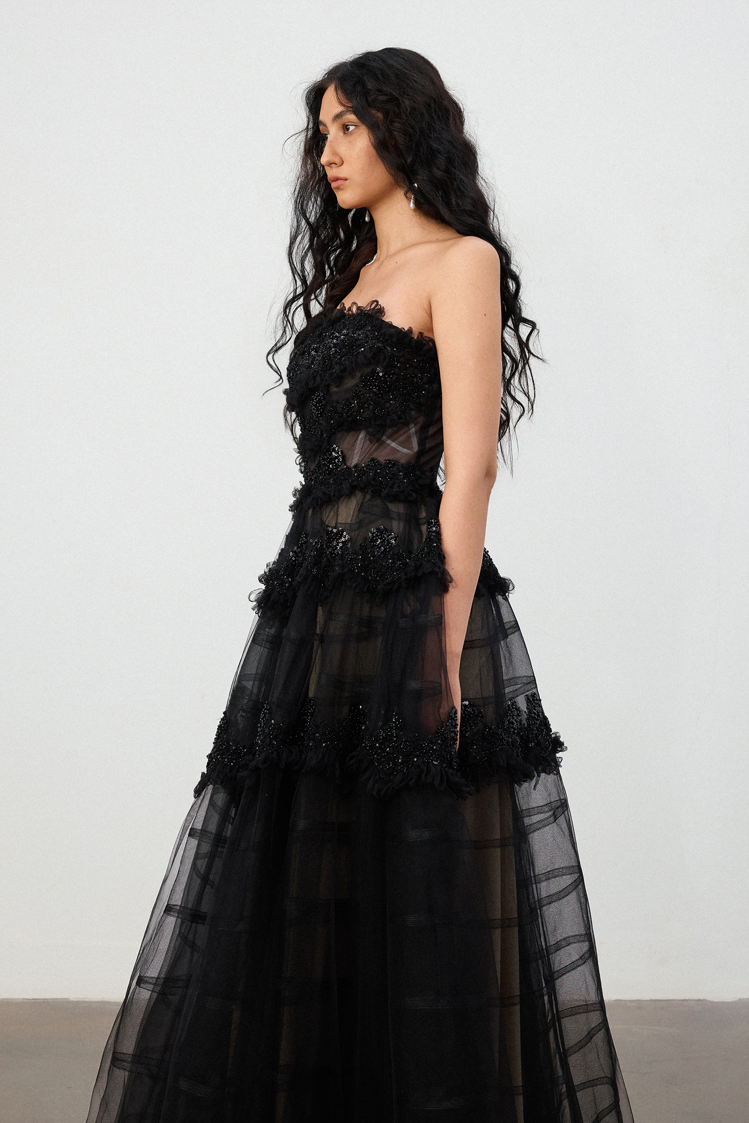 Black 3D Floral Lace & Tulle Tiered Ball Gown