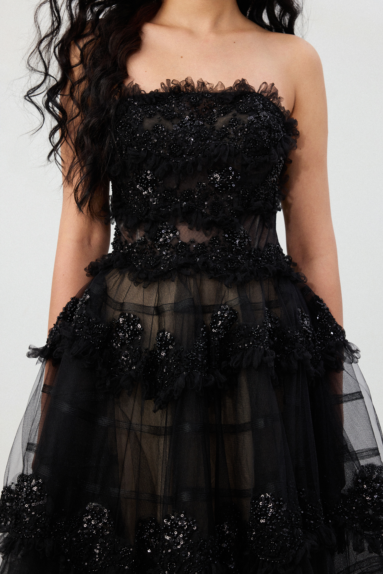 Black 3D Floral Lace & Tulle Tiered Ball Gown