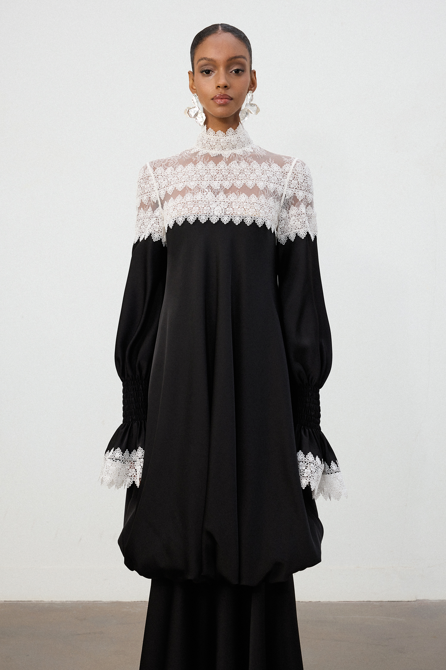 Romantic Lace-Trim Black Floor-Length Skirt