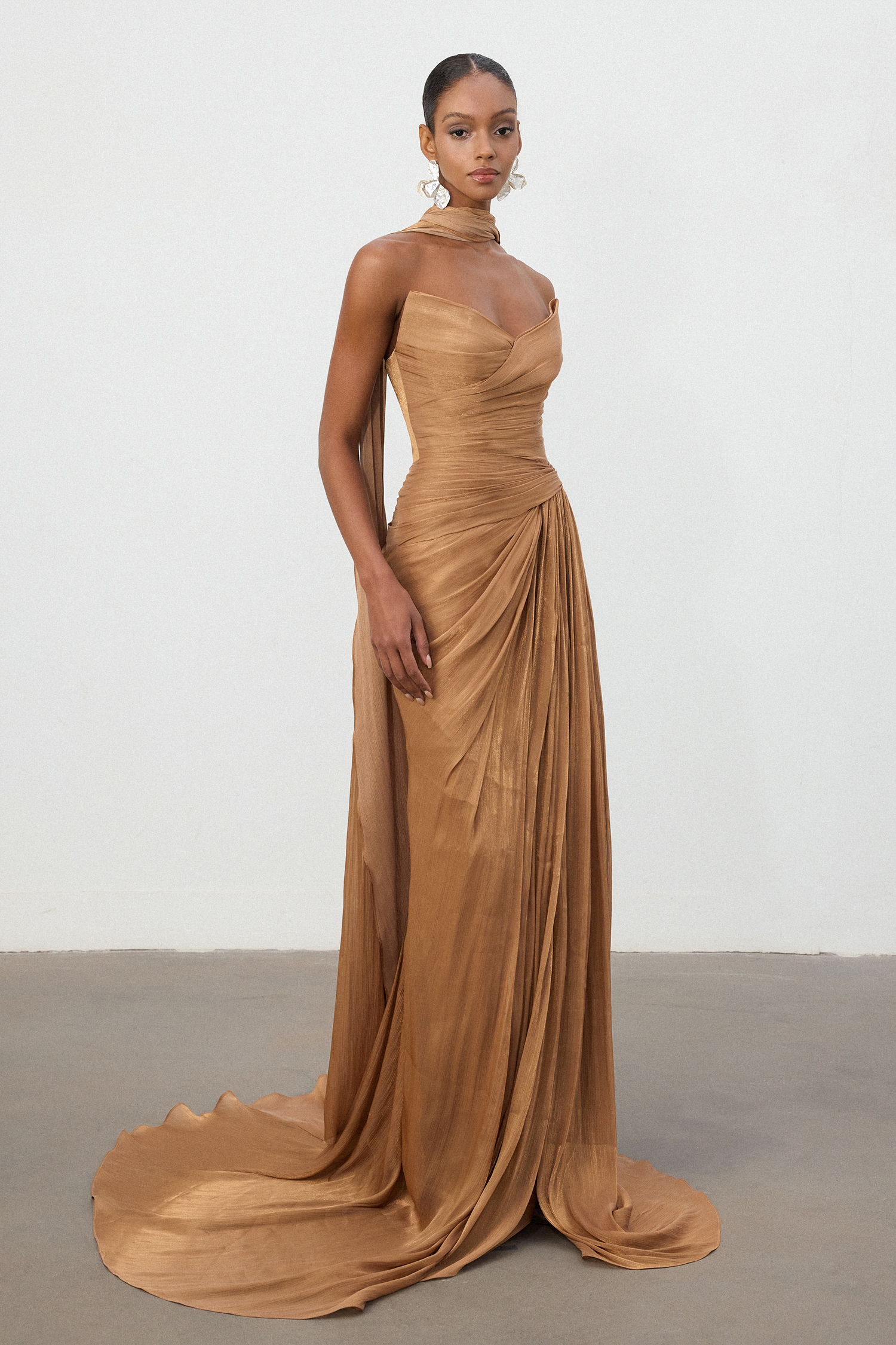 Bronze Ruched One-Shoulder Train Gown