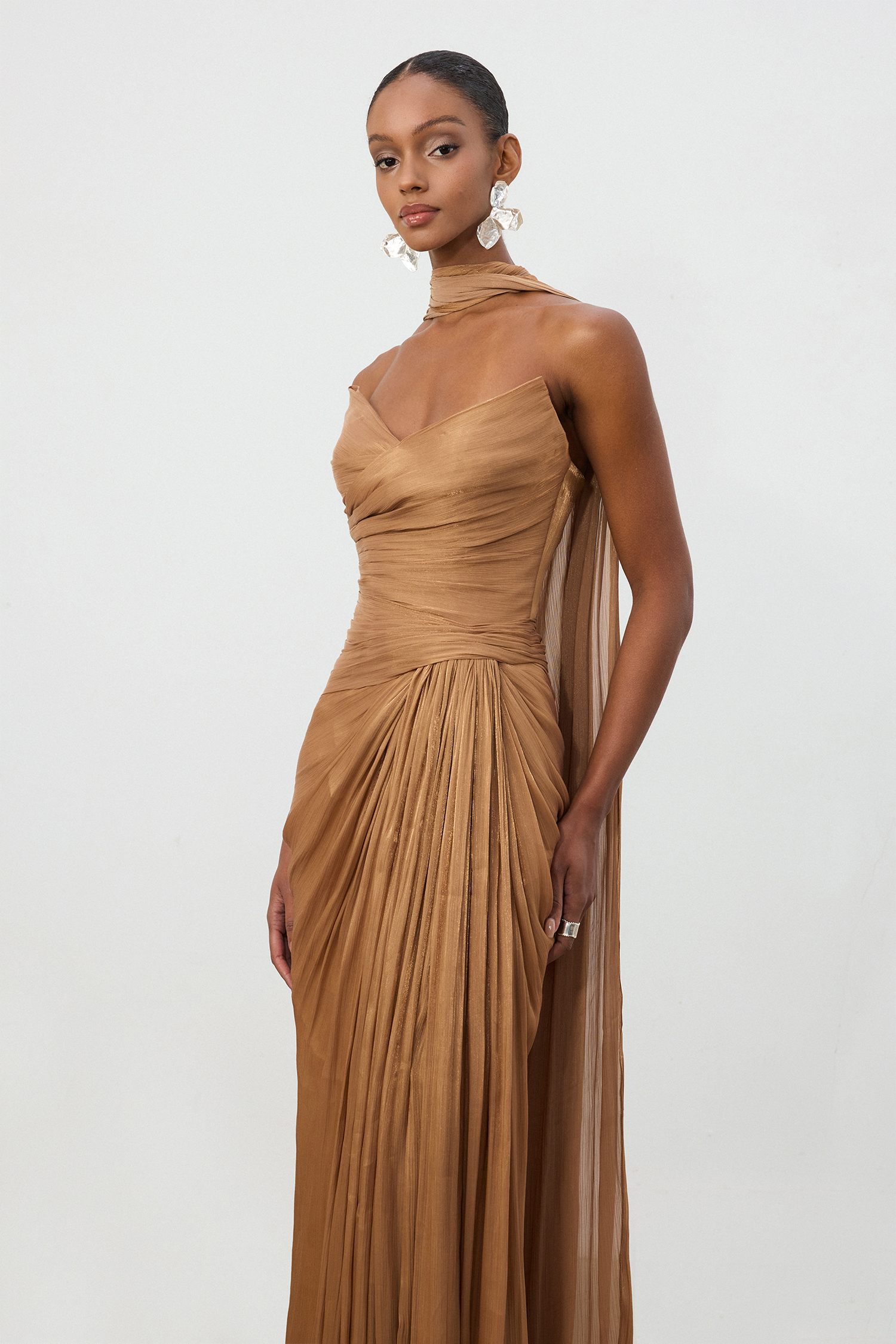 Bronze Ruched One-Shoulder Train Gown