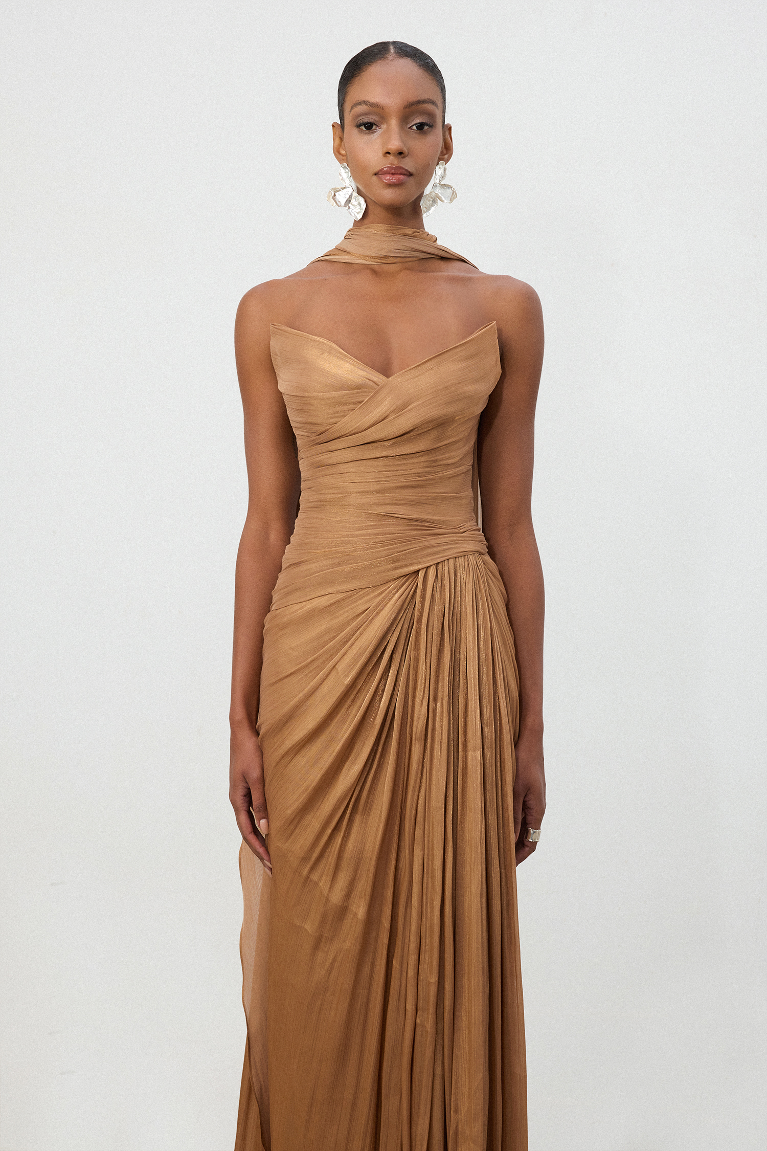 Bronze Ruched One-Shoulder Train Gown