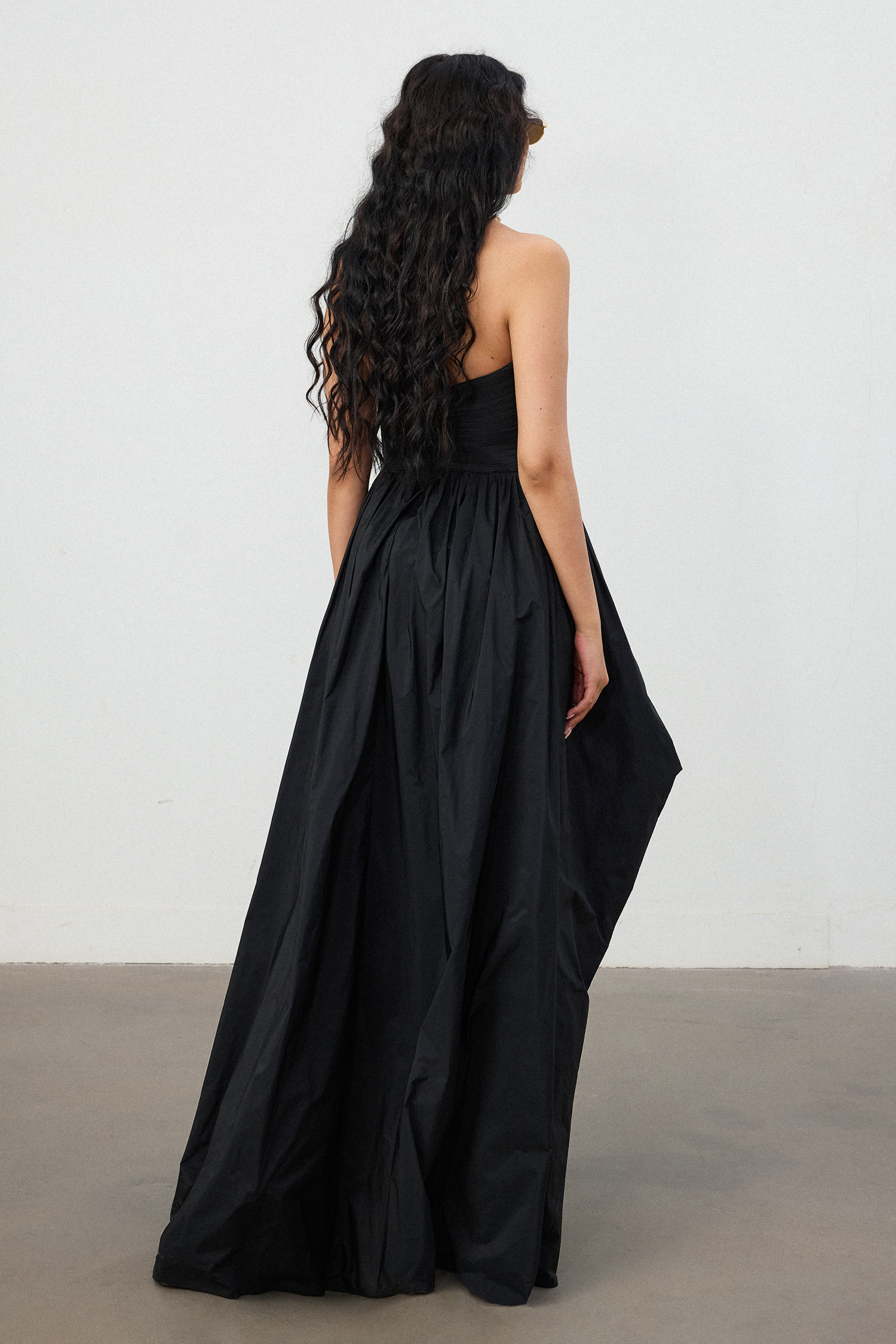 Black Taffeta Strapless High-Low Train Gown