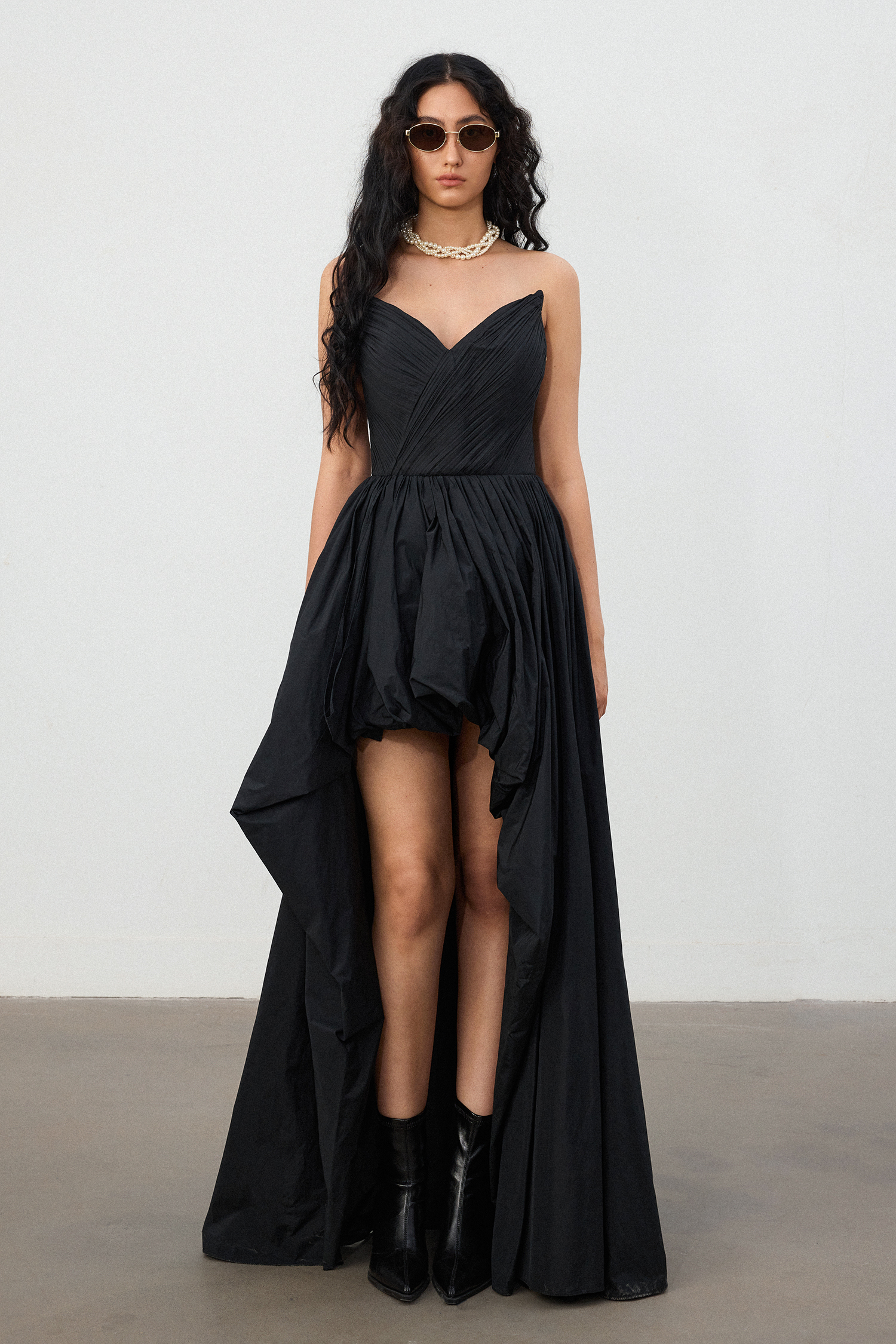 Black Taffeta Strapless High-Low Train Gown