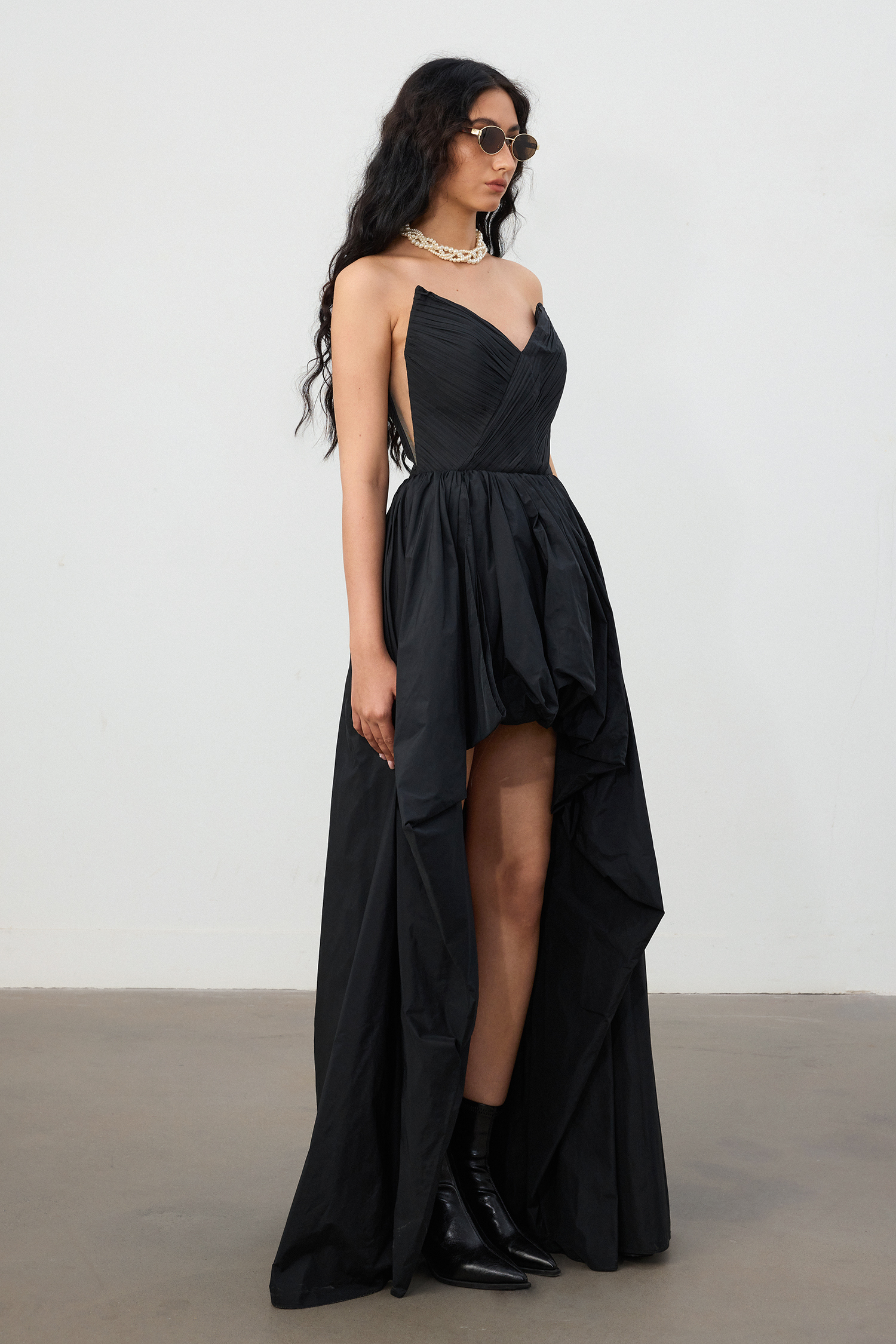 Black Taffeta Strapless High-Low Train Gown