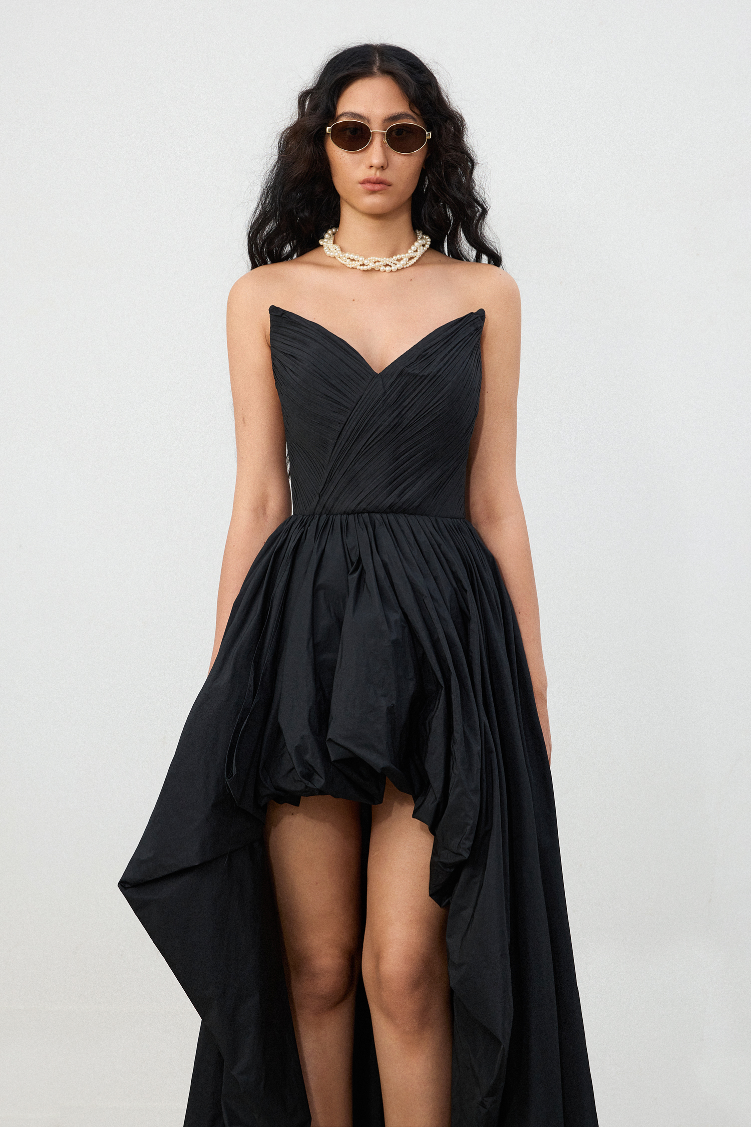 Black Taffeta Strapless High-Low Train Gown