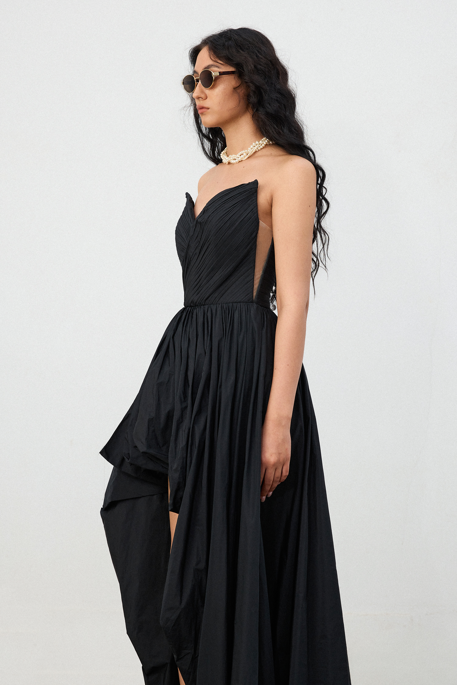 Black Taffeta Strapless High-Low Train Gown