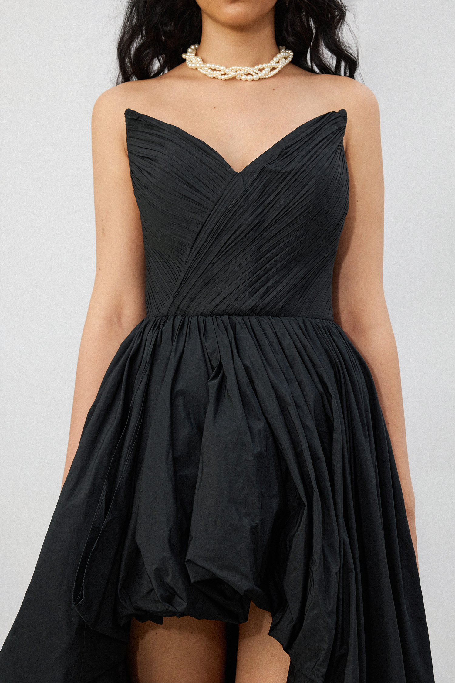 Black Taffeta Strapless High-Low Train Gown