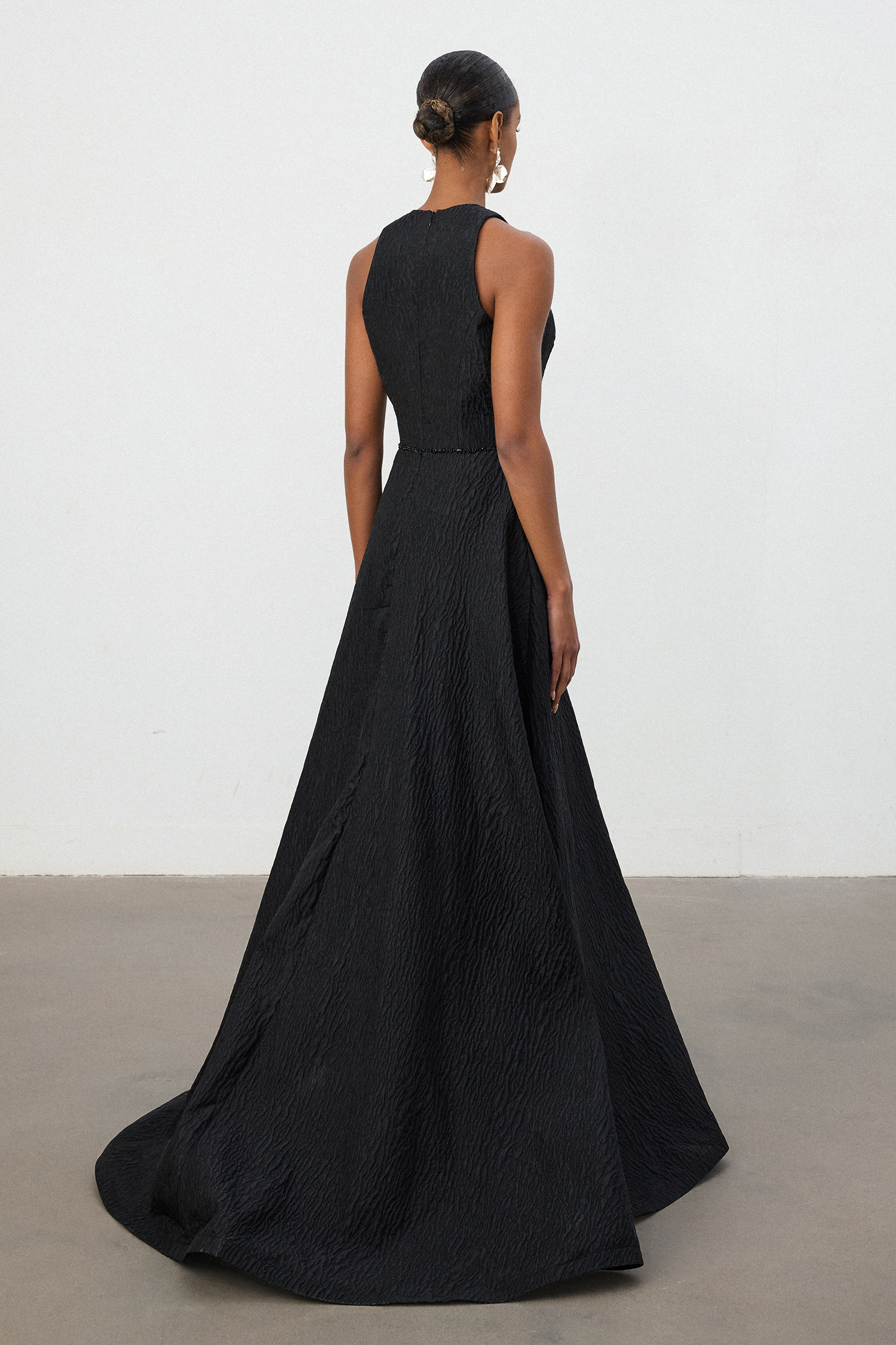 Black Jacquard Halter V-Neck A-Line Gown