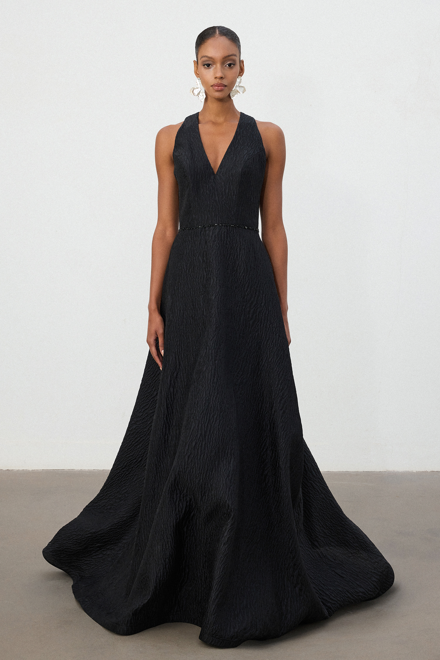 Black Jacquard Halter V-Neck A-Line Gown