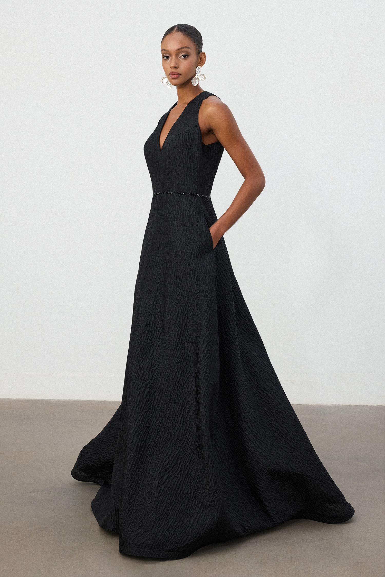 Black Jacquard Halter V-Neck A-Line Gown