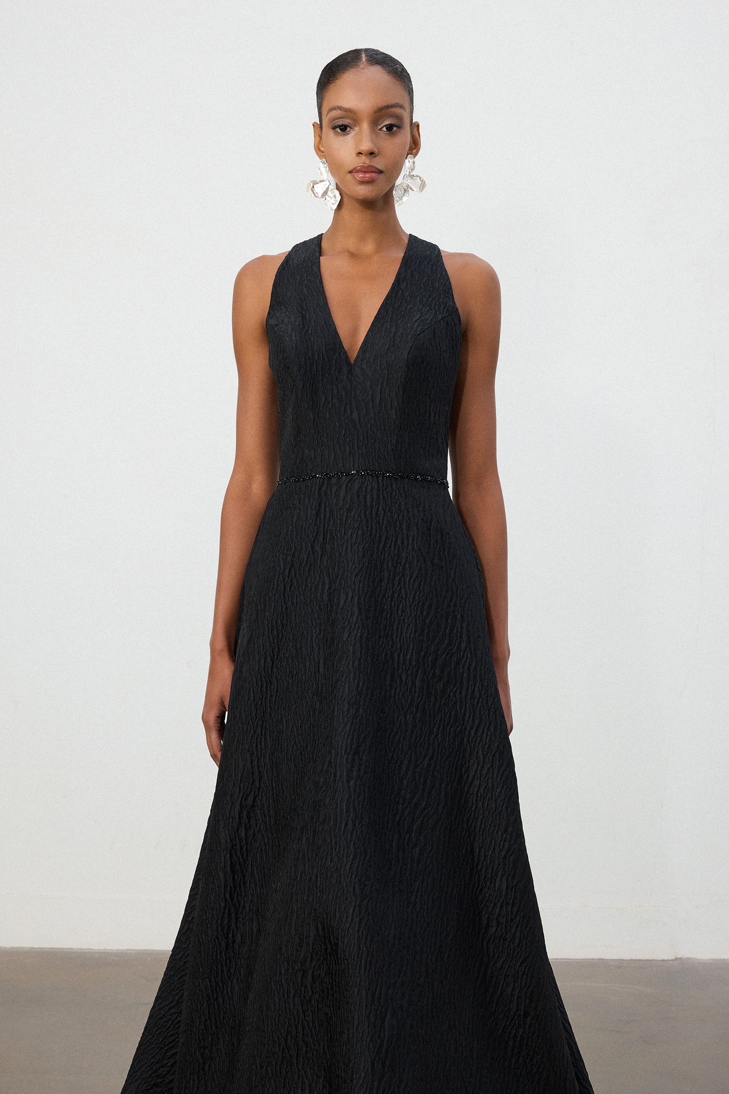 Black Jacquard Halter V-Neck A-Line Gown