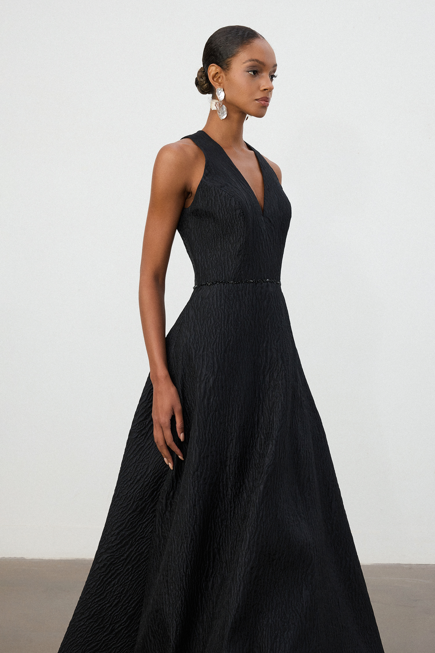 Black Jacquard Halter V-Neck A-Line Gown