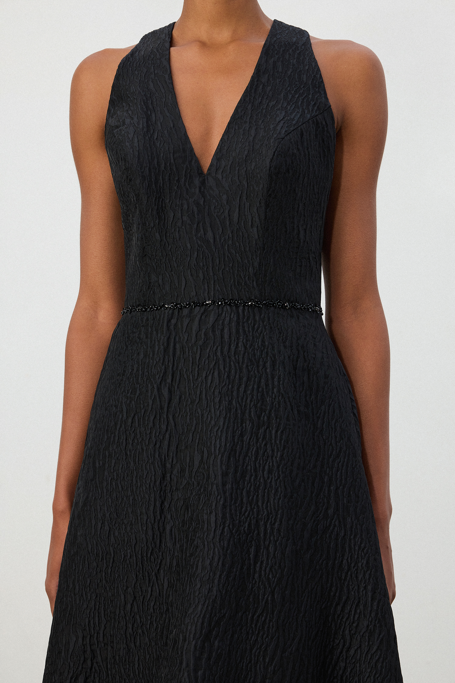 Black Jacquard Halter V-Neck A-Line Gown