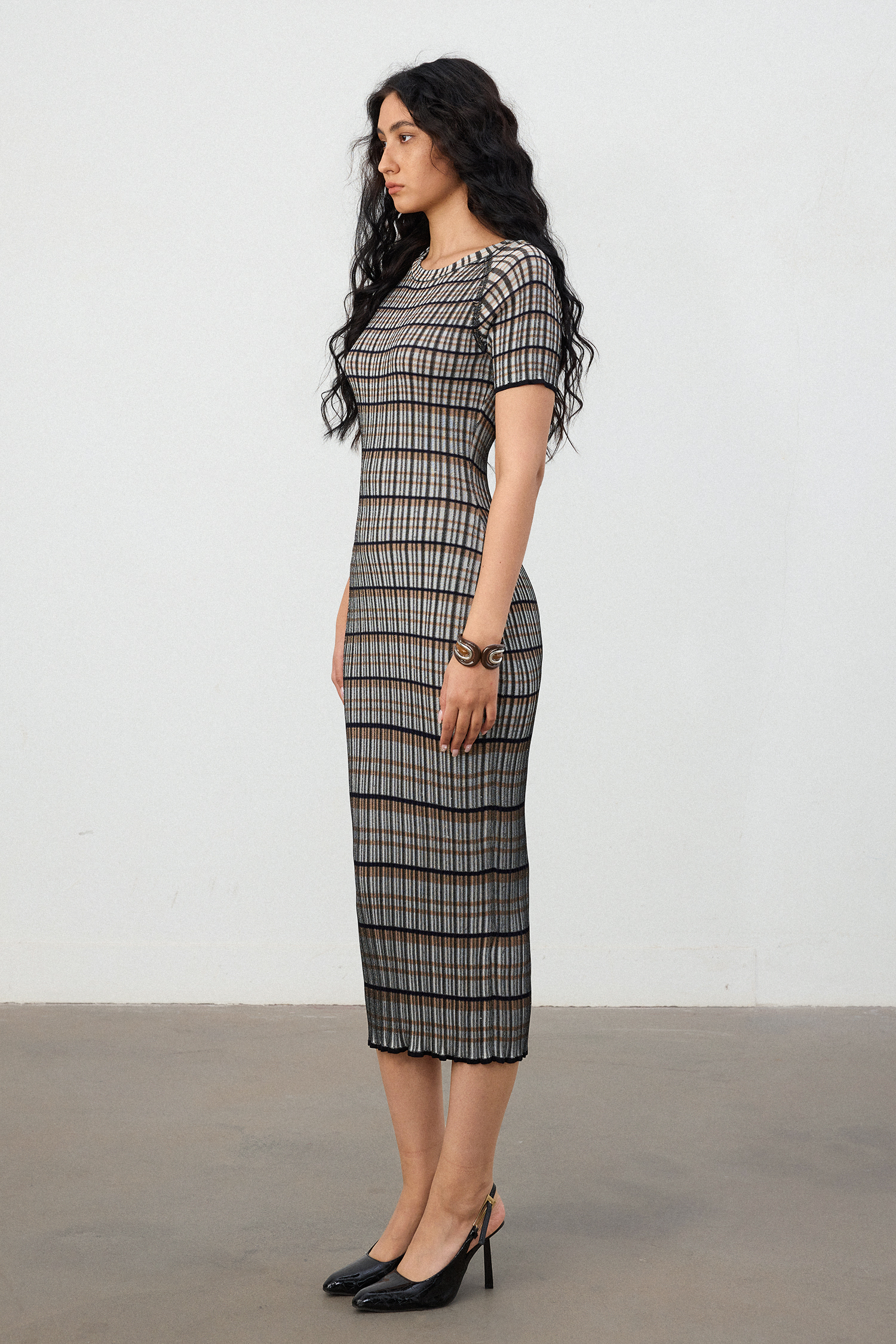 Black & White Tweed Ruched Bodycon Midi Dress