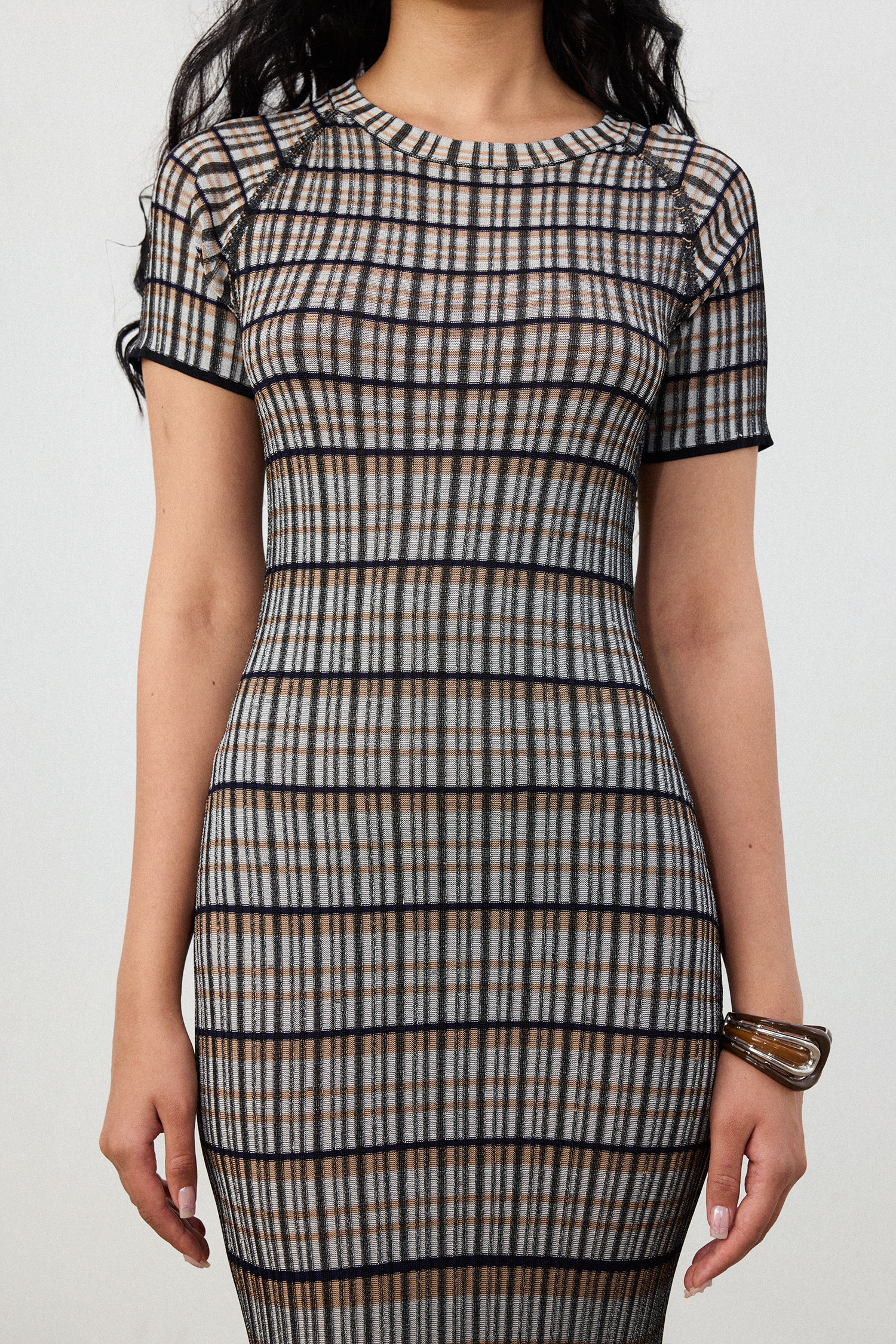 Black & White Tweed Ruched Bodycon Midi Dress