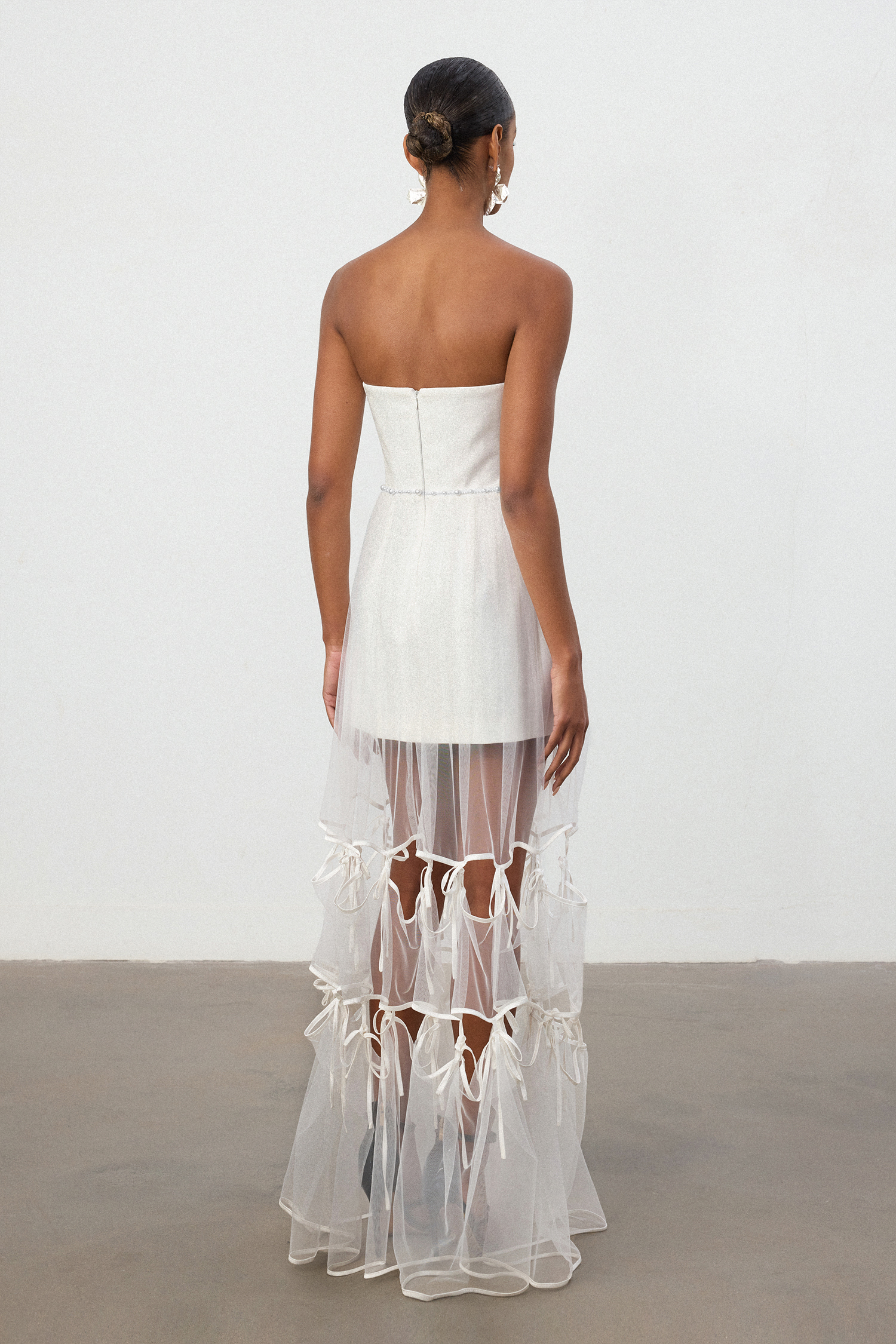 Ivory Strapless Tulle Overlay Satin Bow Gown