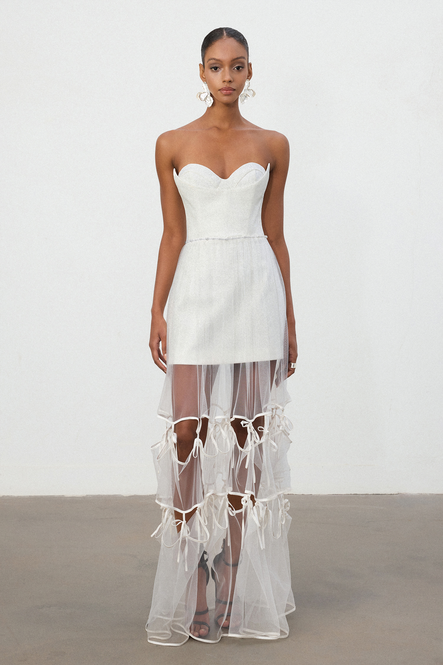 Ivory Strapless Tulle Overlay Satin Bow Gown