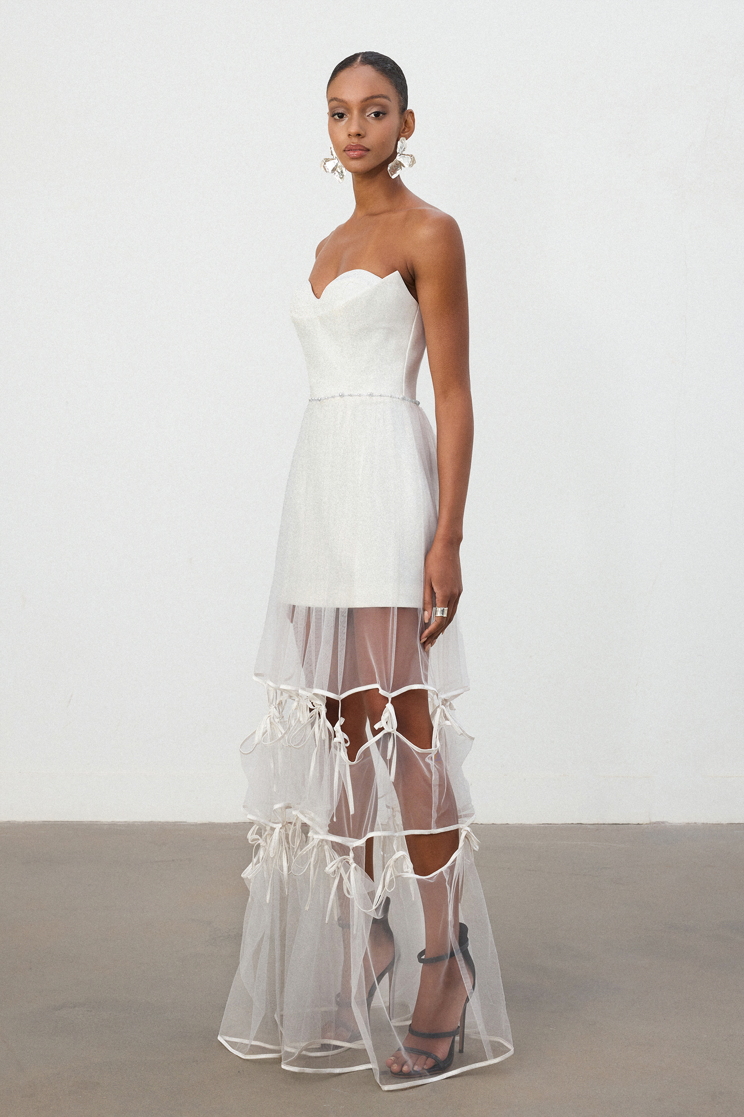 Ivory Strapless Tulle Overlay Satin Bow Gown