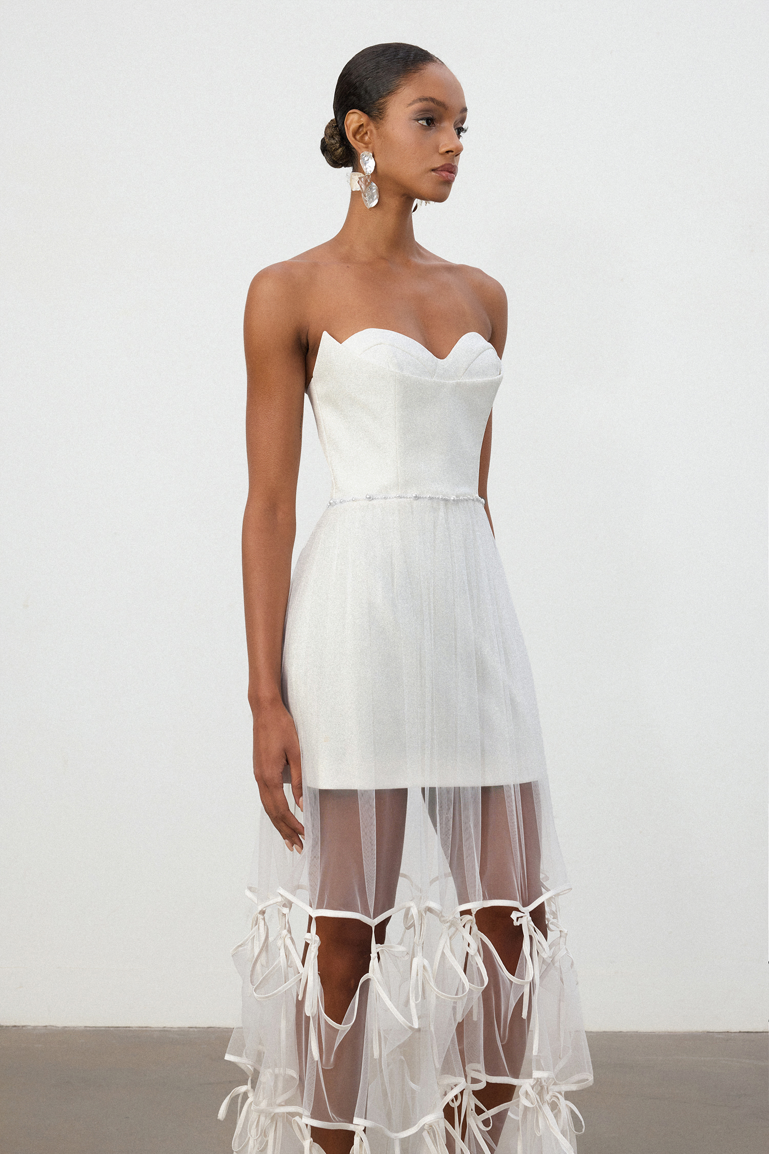 Ivory Strapless Tulle Overlay Satin Bow Gown