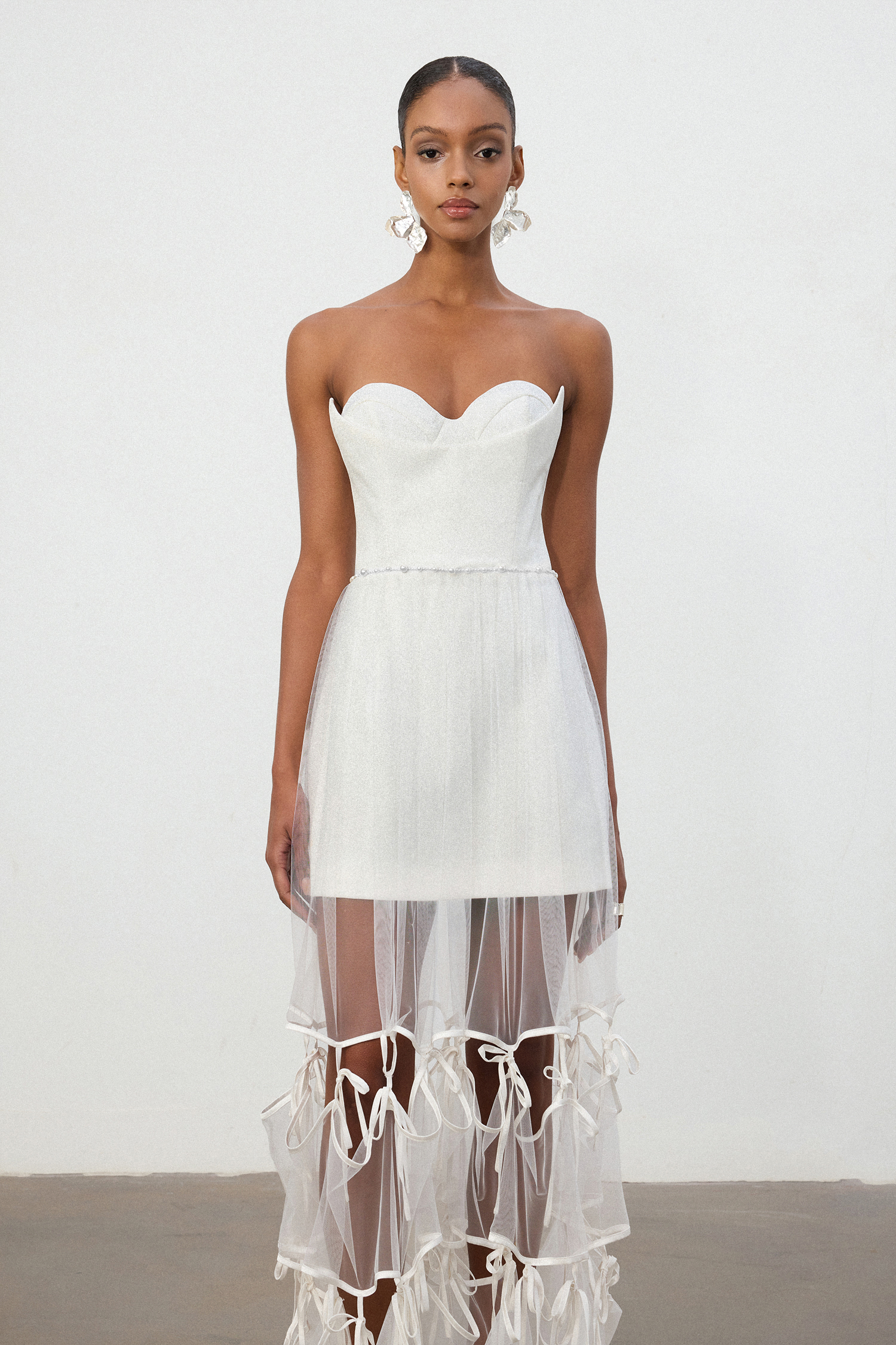 Ivory Strapless Tulle Overlay Satin Bow Gown