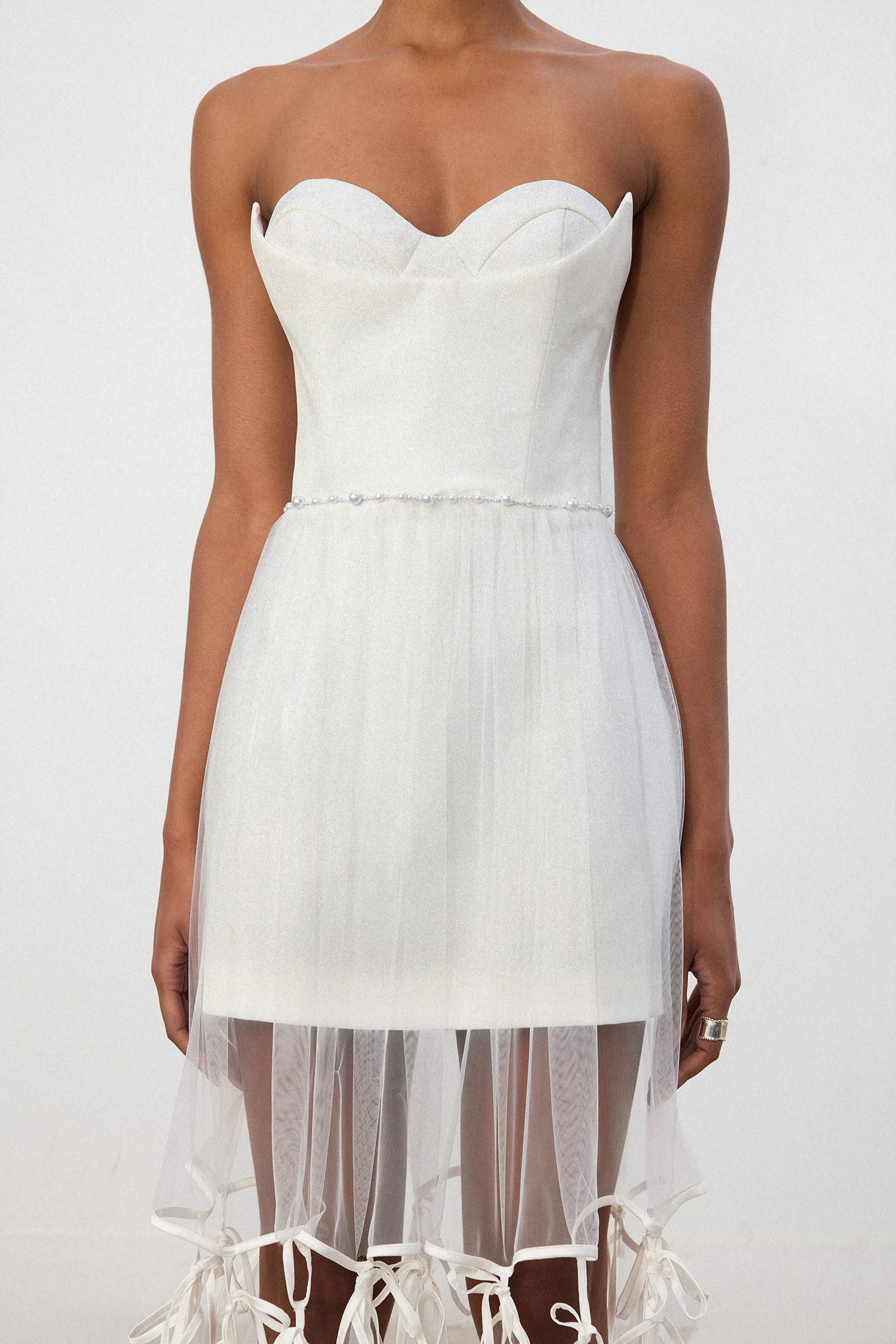 Ivory Strapless Tulle Overlay Satin Bow Gown