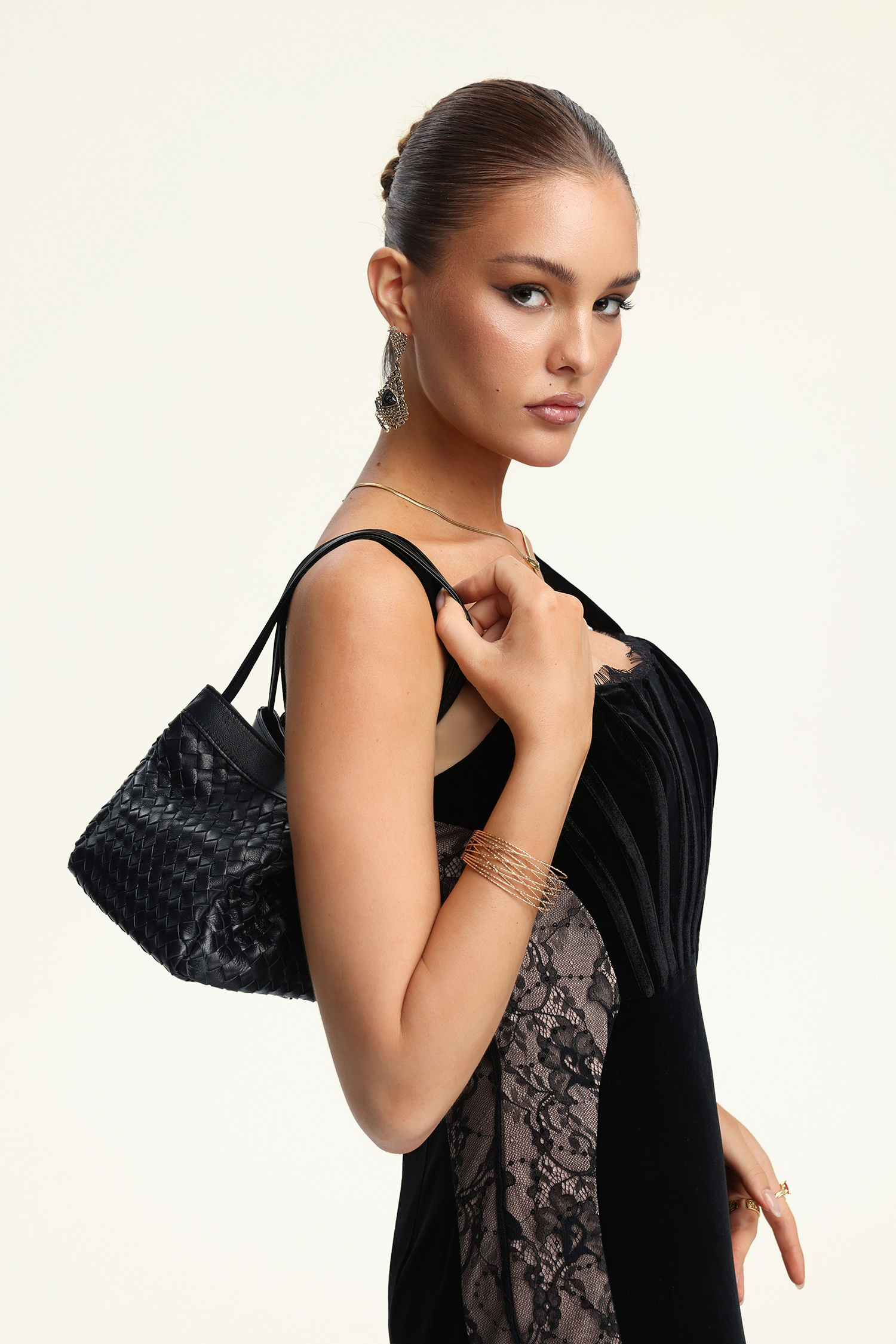 Noir Woven Lambskin Top-Handle Bag
