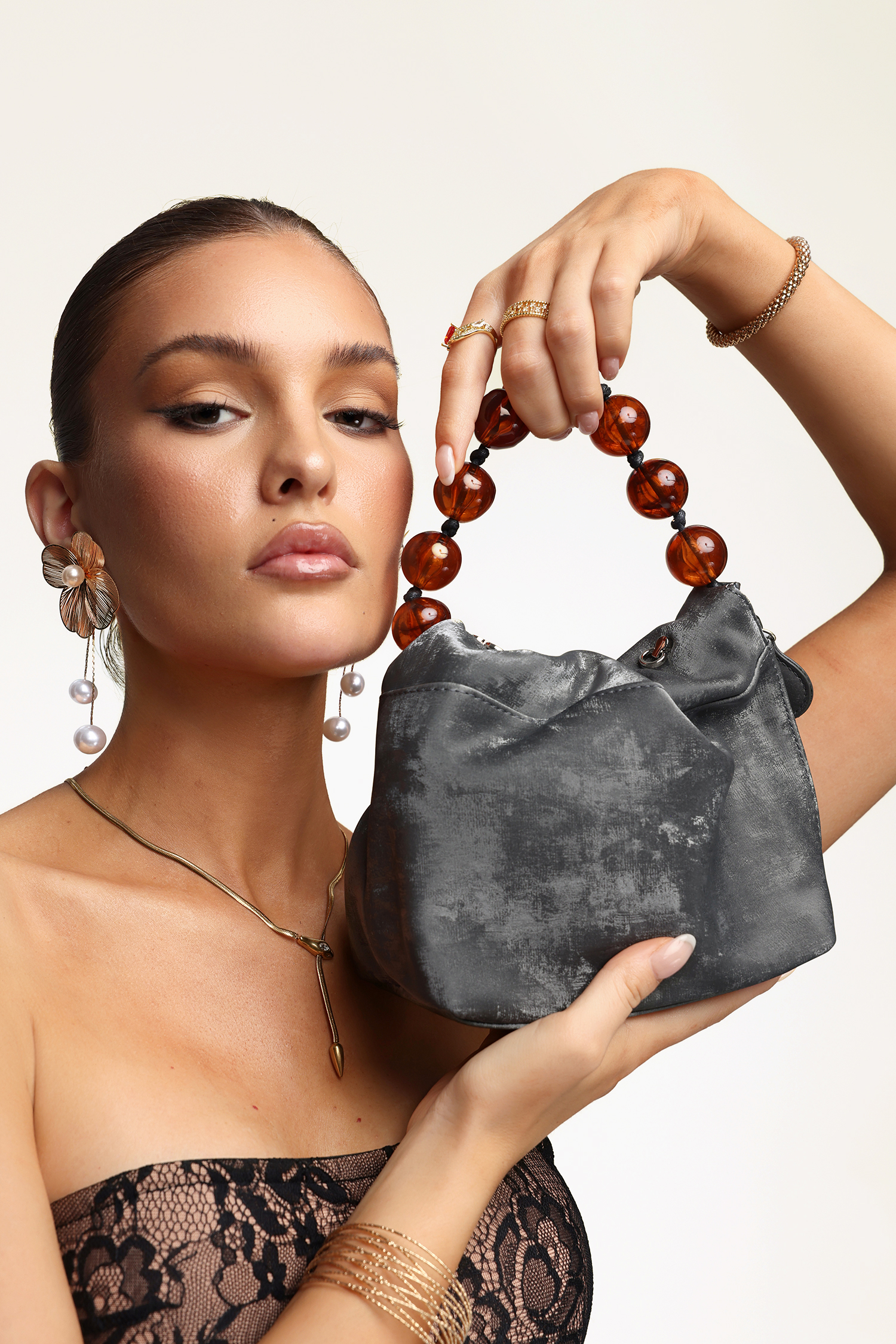 Slate Grey Velvet Beaded Top-Handle Bag