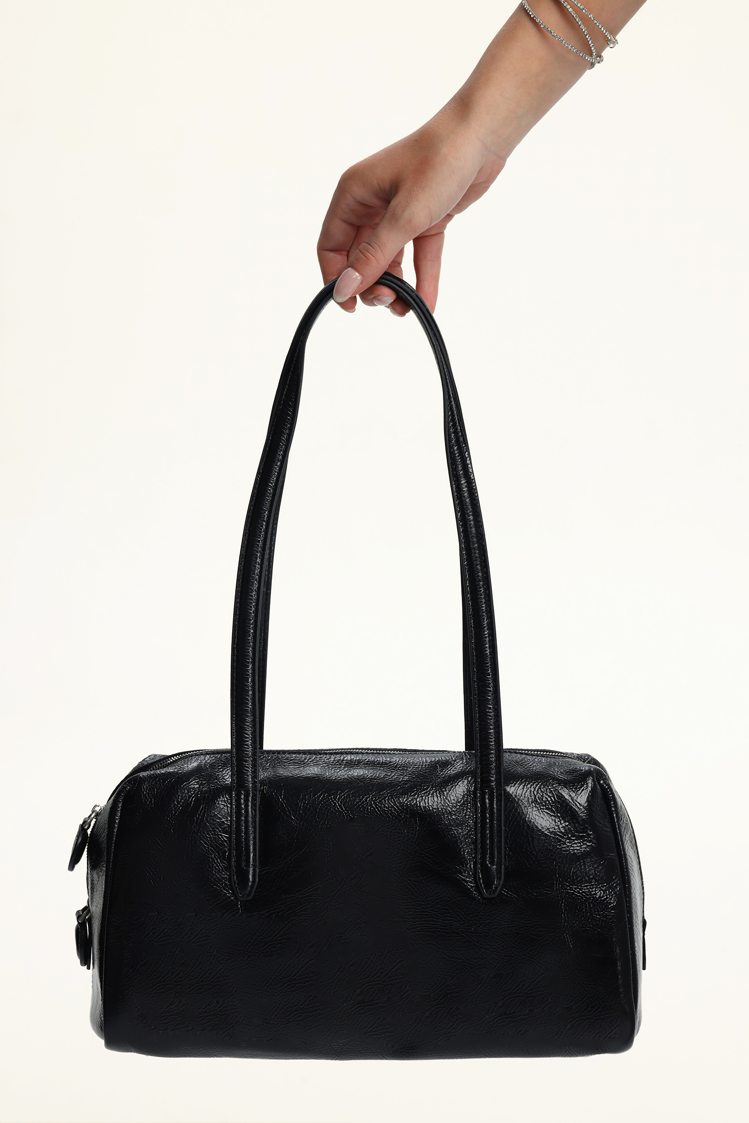 Black Crinkle Patent Barrel Shoulder Bag