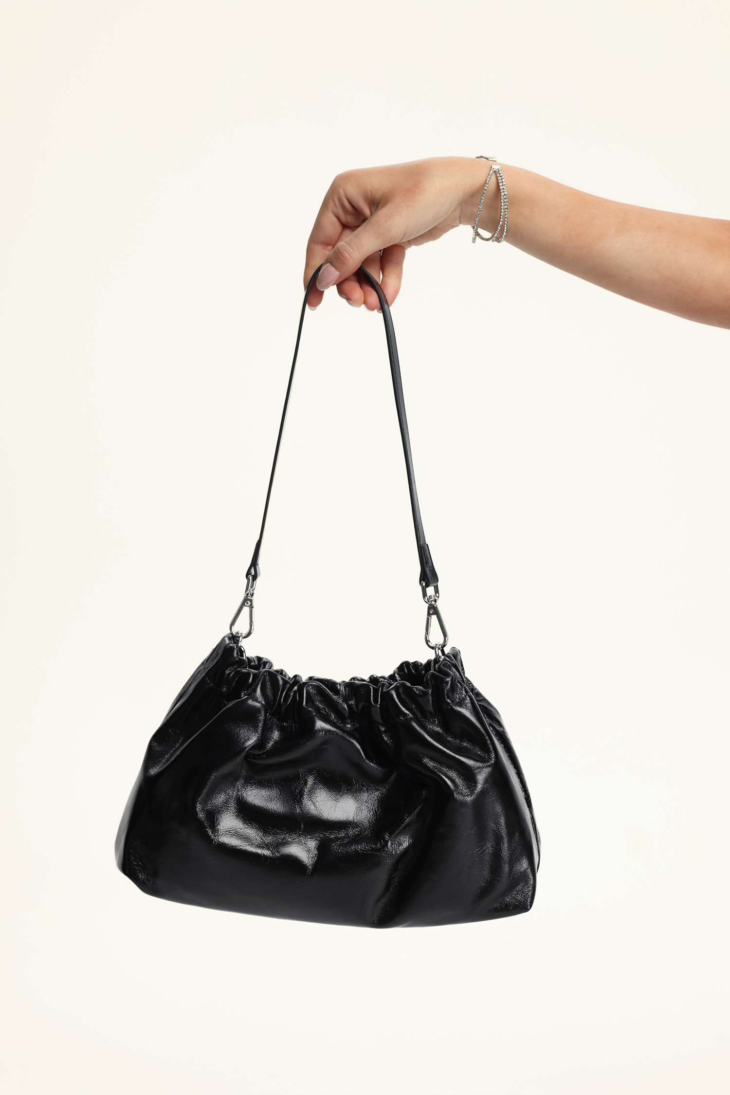 Black Patent Ruched Shoulder Bag