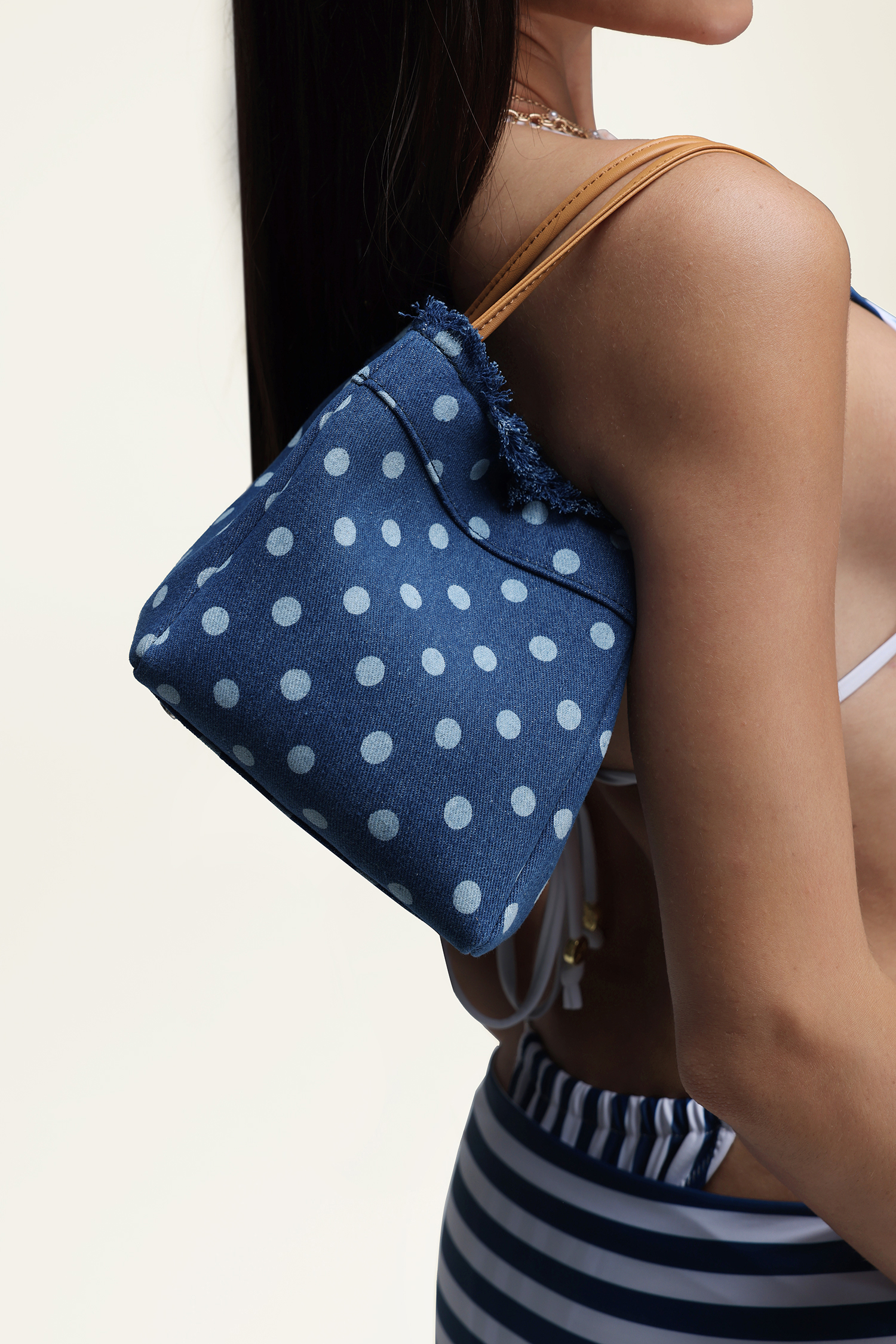 Blue Denim Fringe Polka Dot Bucket Bag