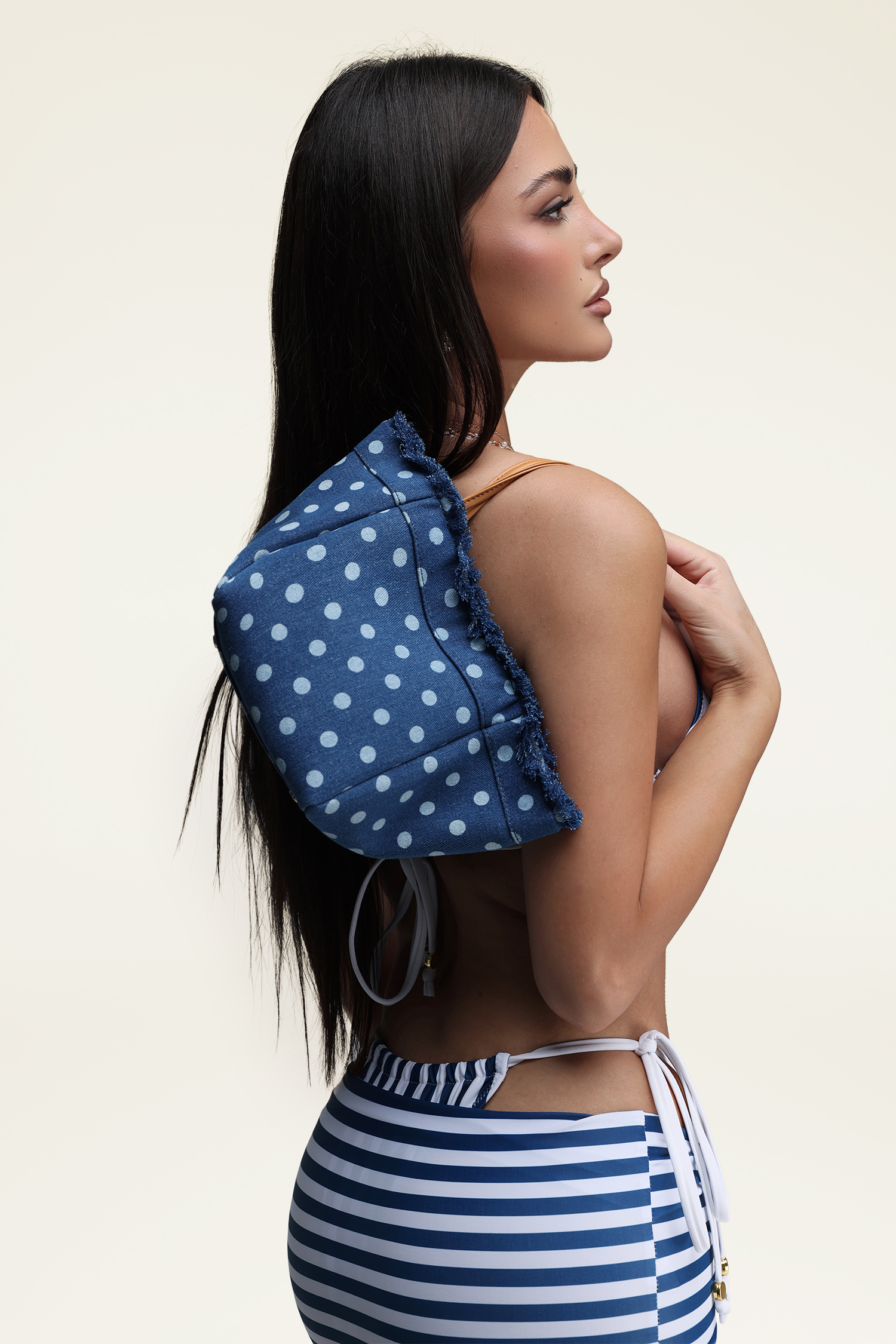 Blue Denim Fringe Polka Dot Bucket Bag