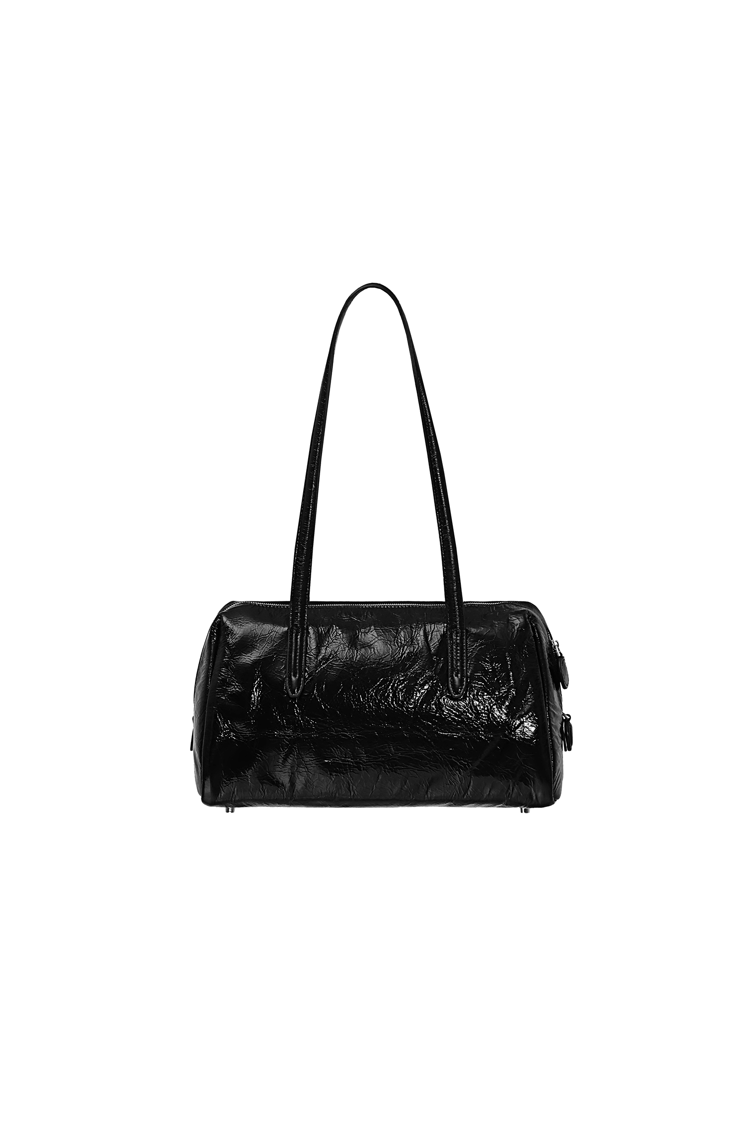 Black Crinkle Patent Barrel Shoulder Bag