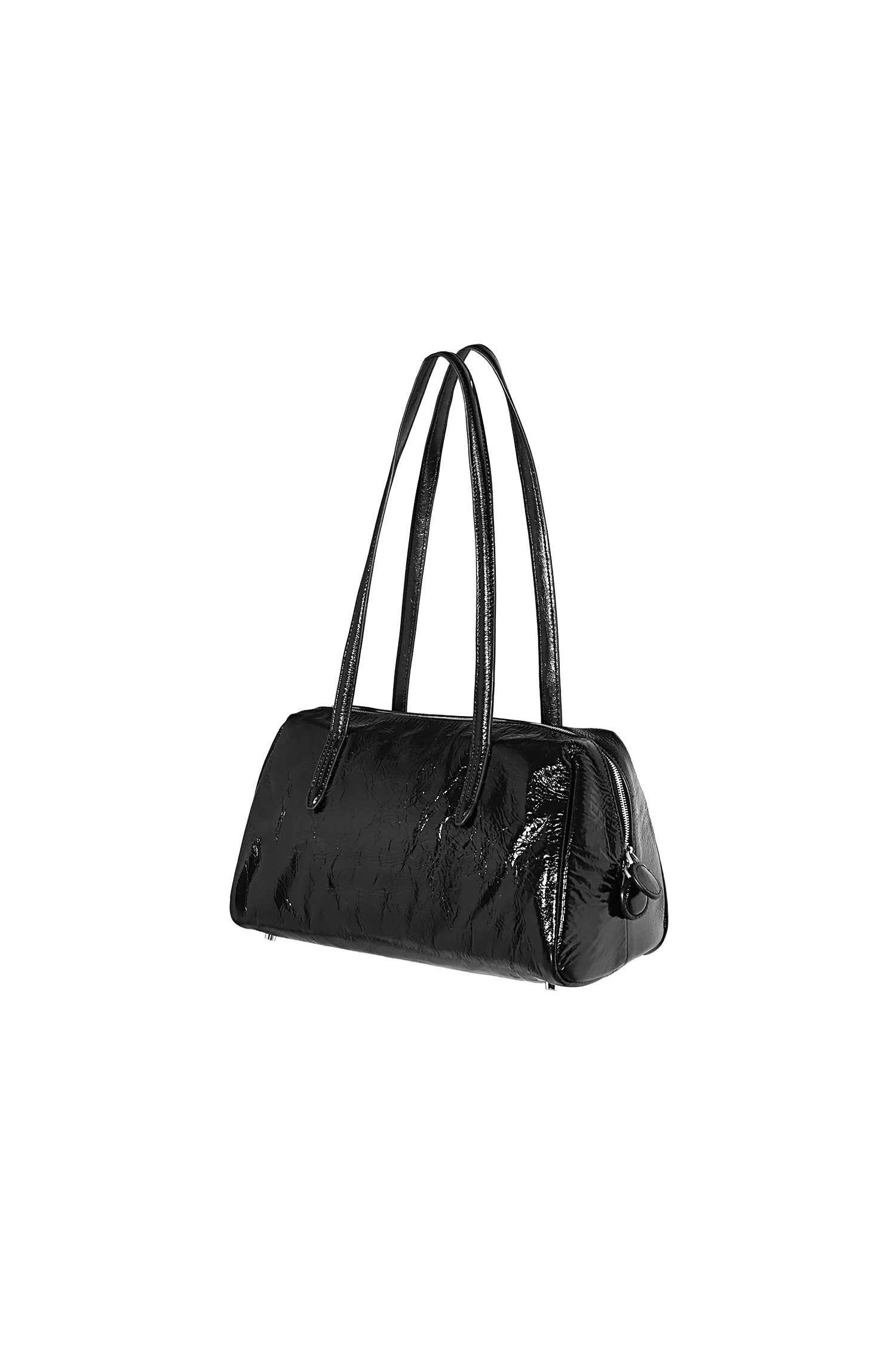 Black Crinkle Patent Barrel Shoulder Bag