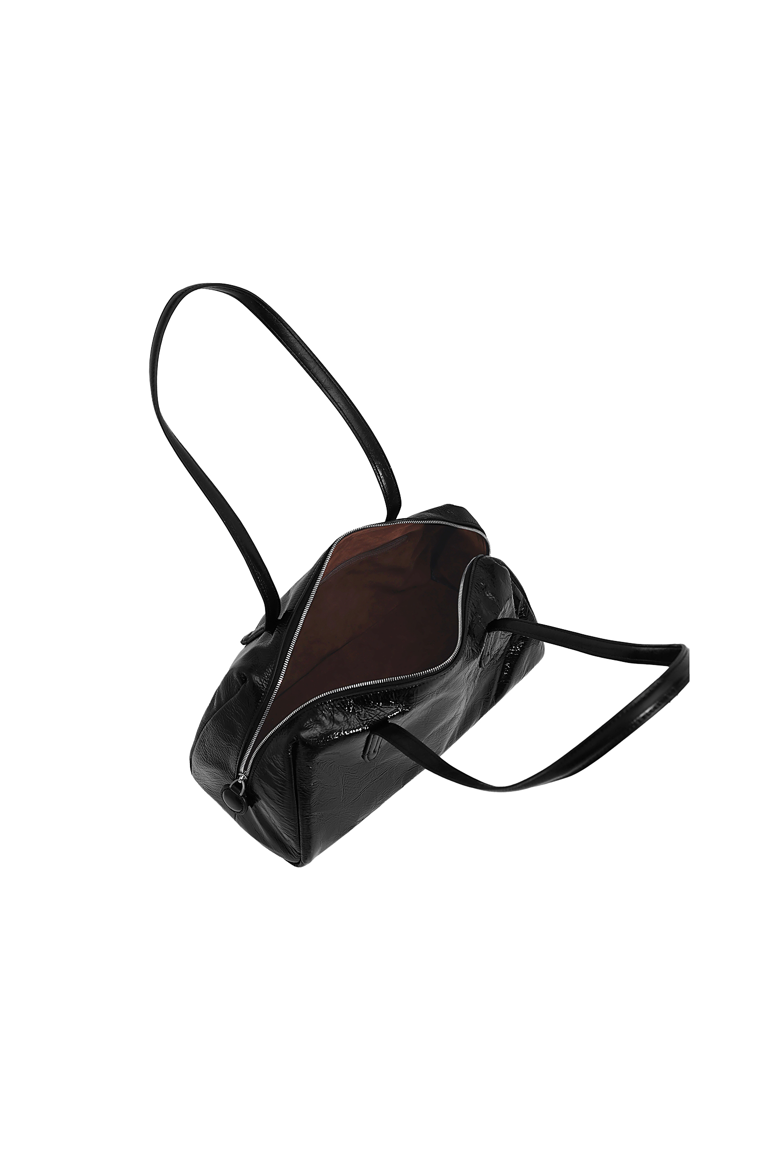 Black Crinkle Patent Barrel Shoulder Bag