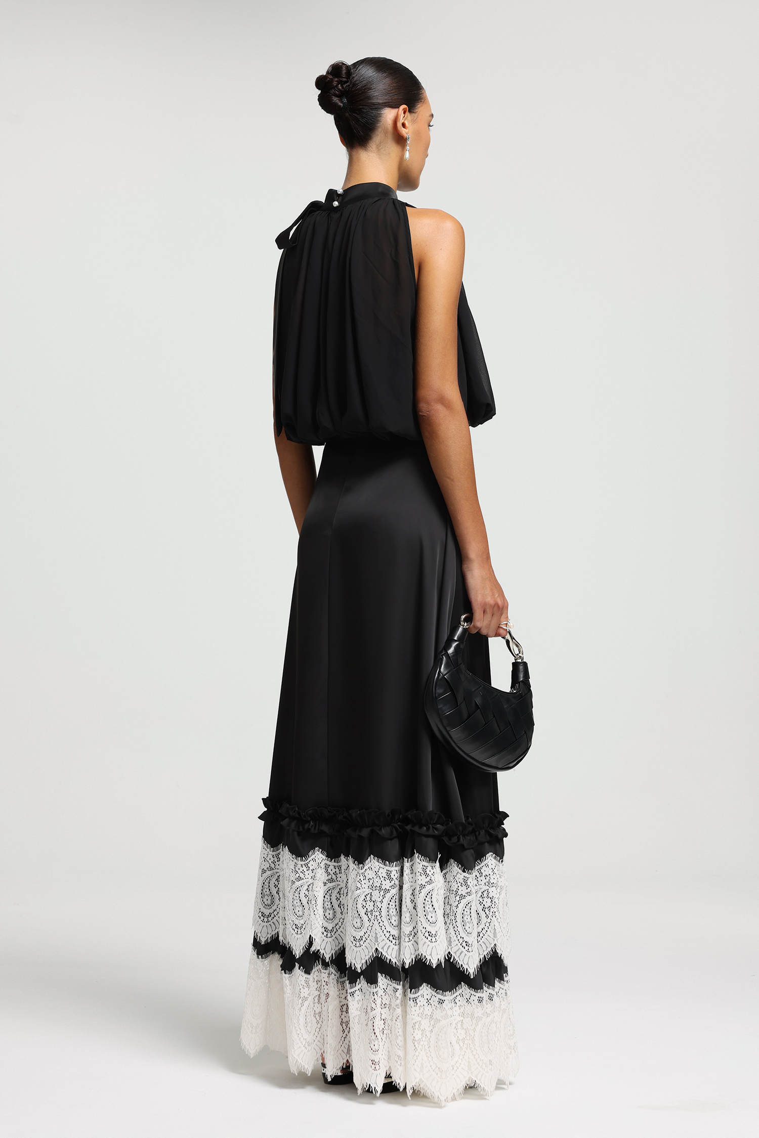 High-Neck Bow Lace-Panel Maxi Dress