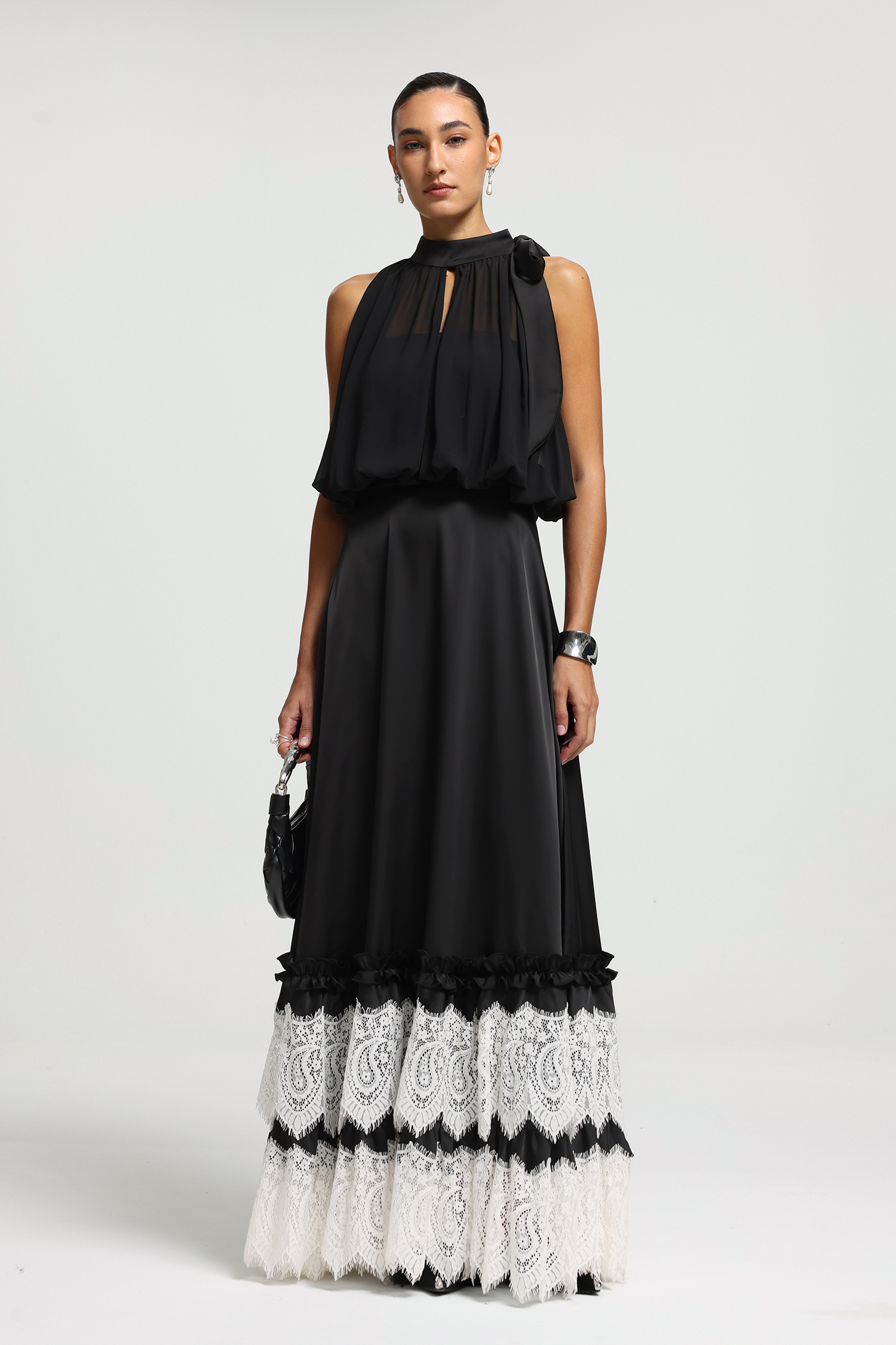 High-Neck Bow Lace-Panel Maxi Dress