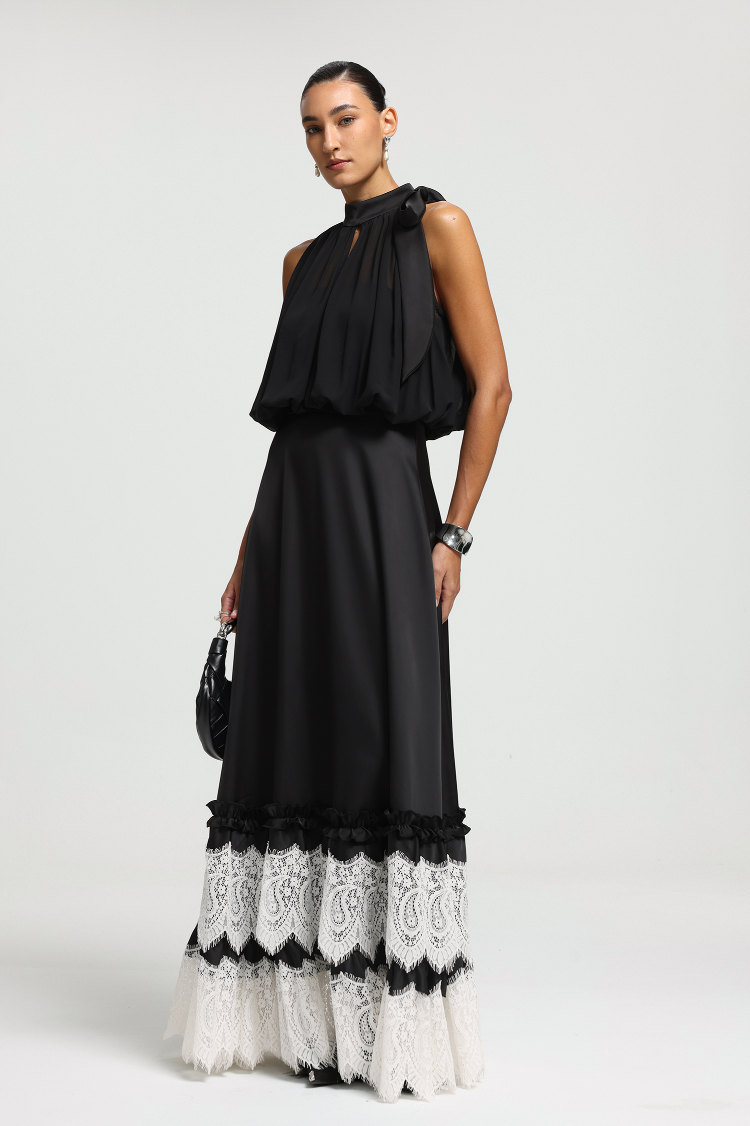 High-Neck Bow Lace-Panel Maxi Dress