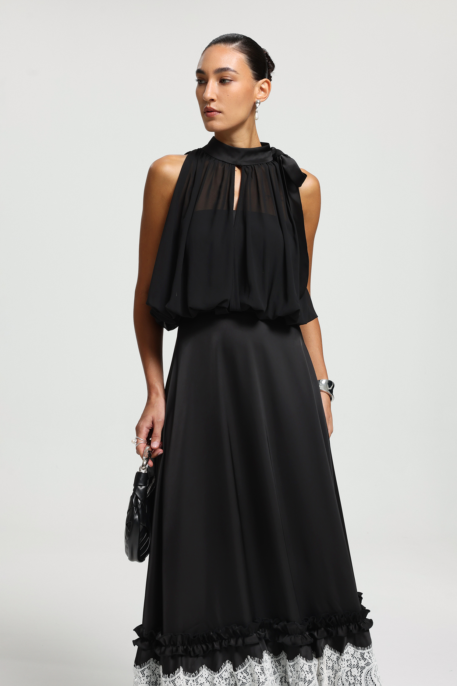 High-Neck Bow Lace-Panel Maxi Dress