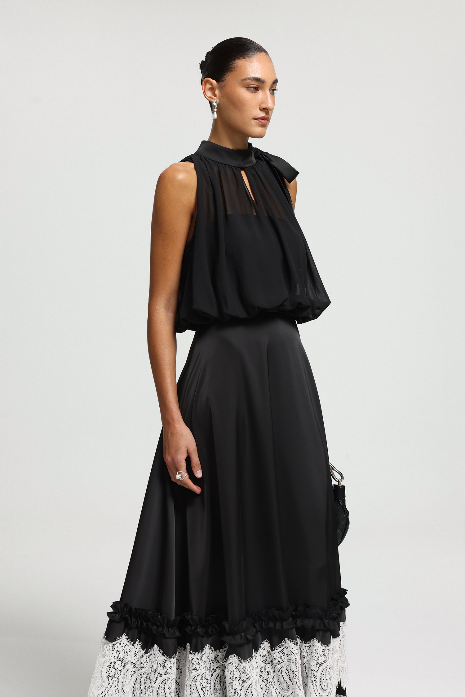 High-Neck Bow Lace-Panel Maxi Dress