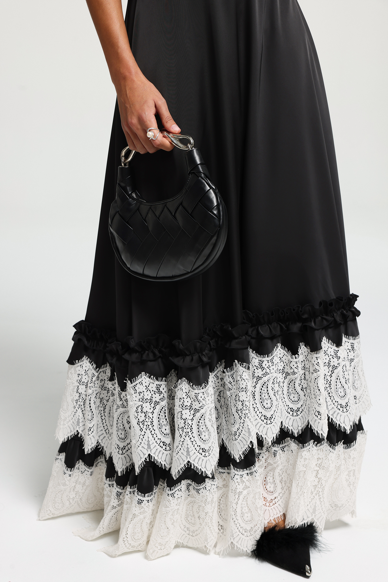 High-Neck Bow Lace-Panel Maxi Dress