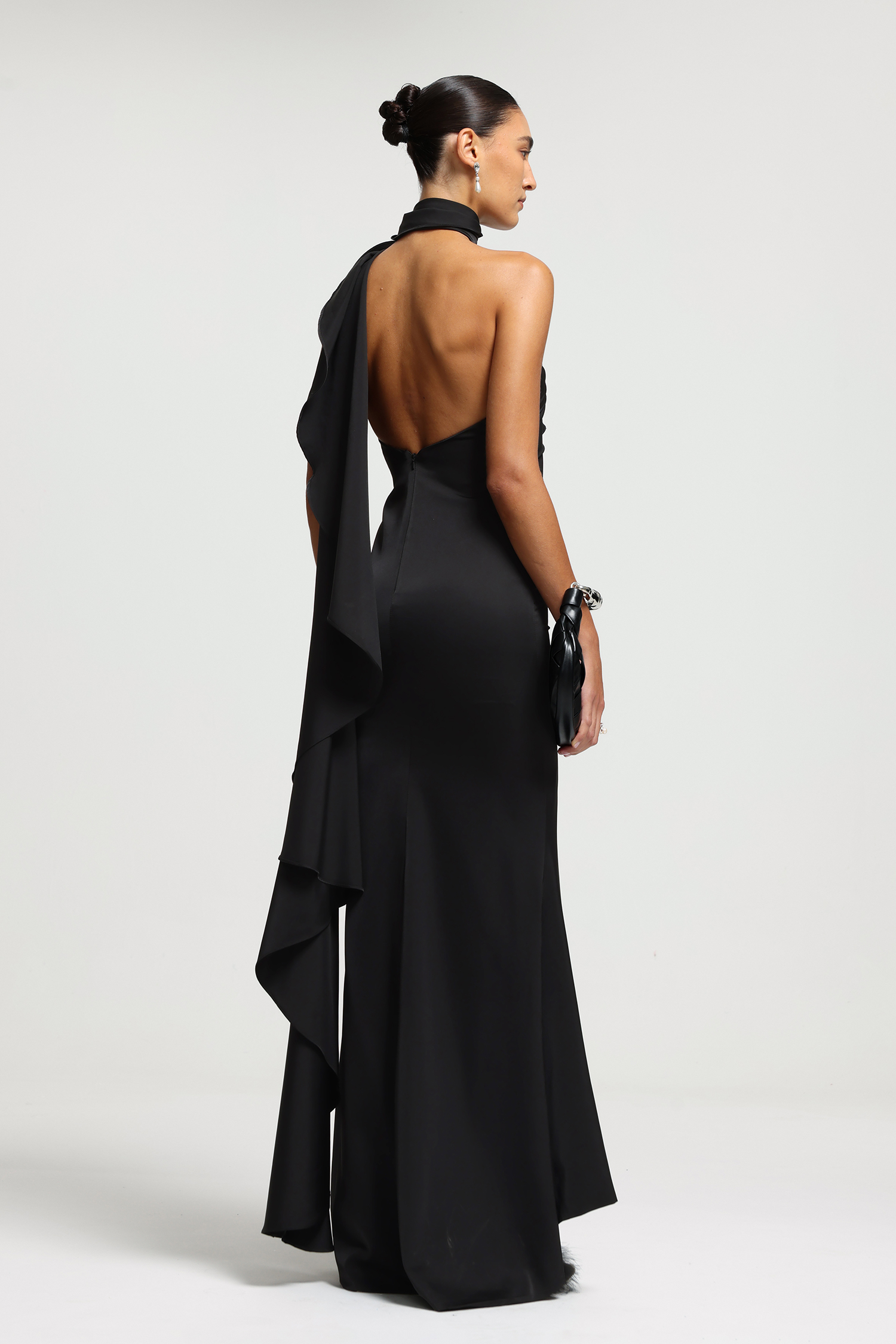 Scarf-Neck Ruffle Open-Back Maxi Dress