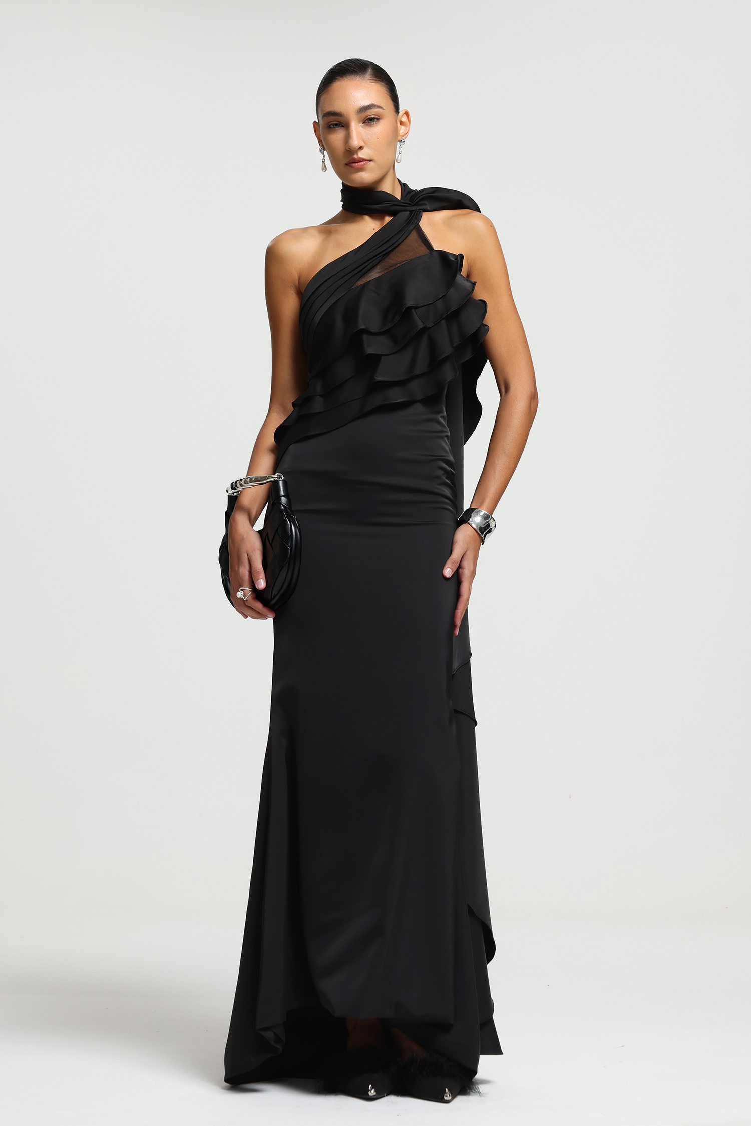 Scarf-Neck Ruffle Open-Back Maxi Dress