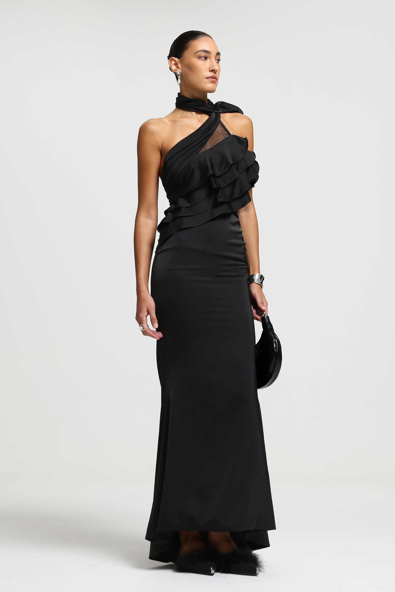 Scarf-Neck Ruffle Open-Back Maxi Dress