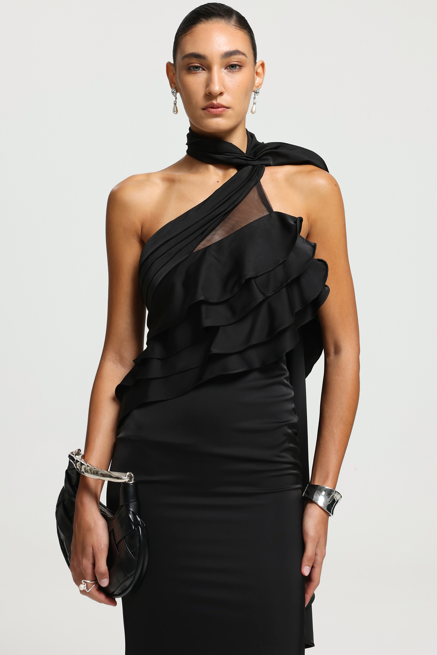 Scarf-Neck Ruffle Open-Back Maxi Dress
