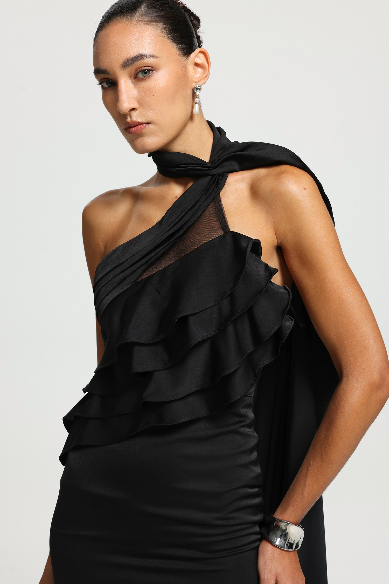 Scarf-Neck Ruffle Open-Back Maxi Dress