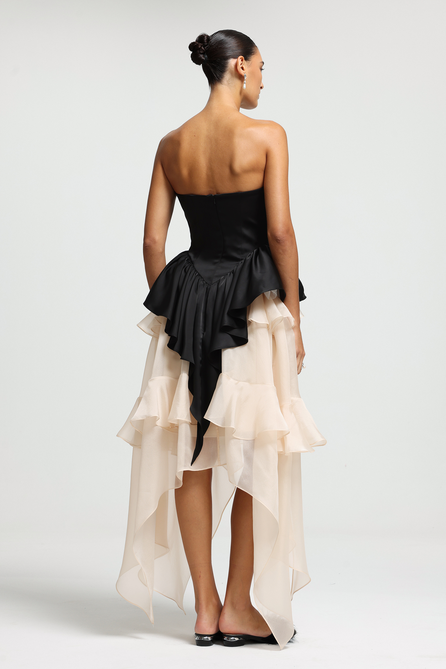 Pleated Peplum High-Low Ruffle Dress